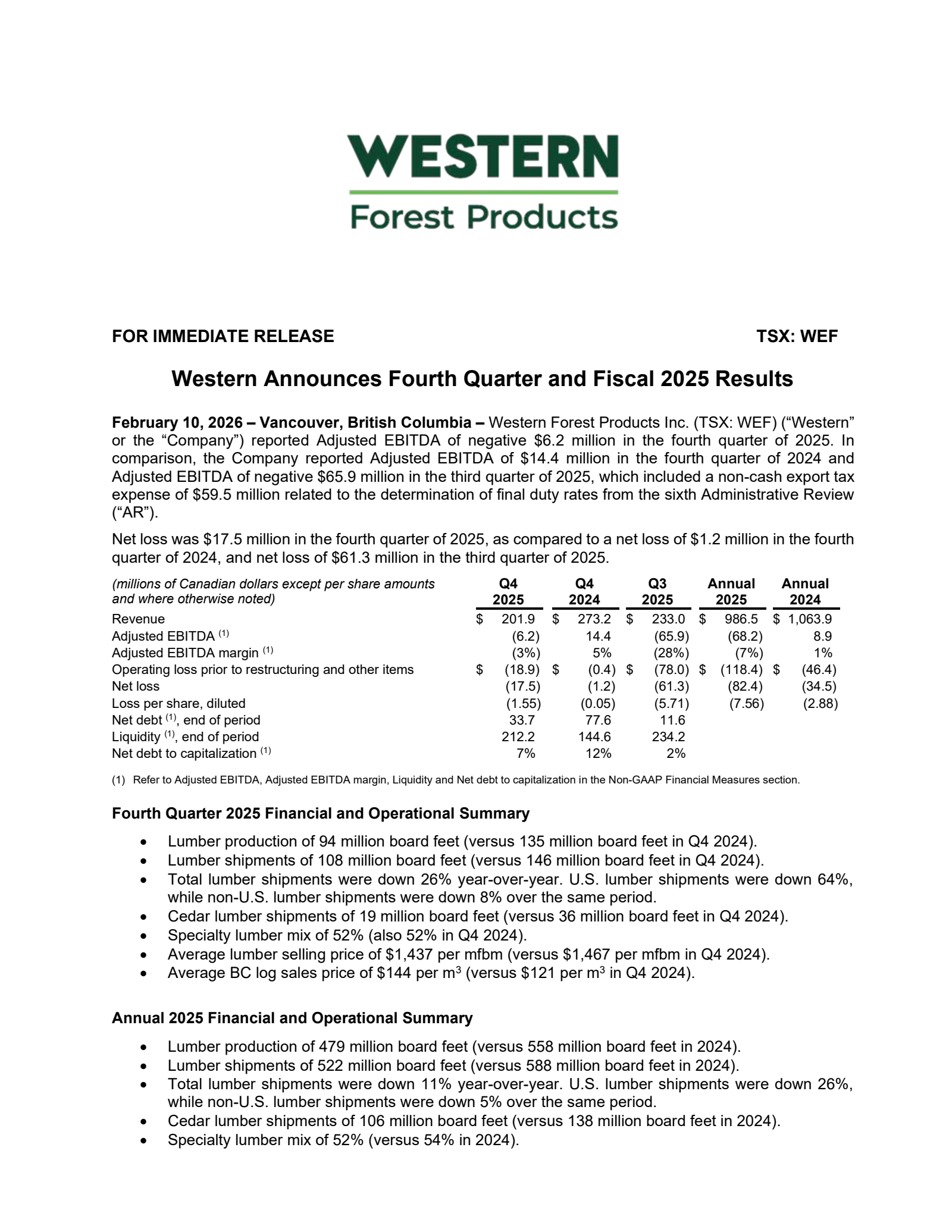 Western Forest Products' Q4 2025 Press Release