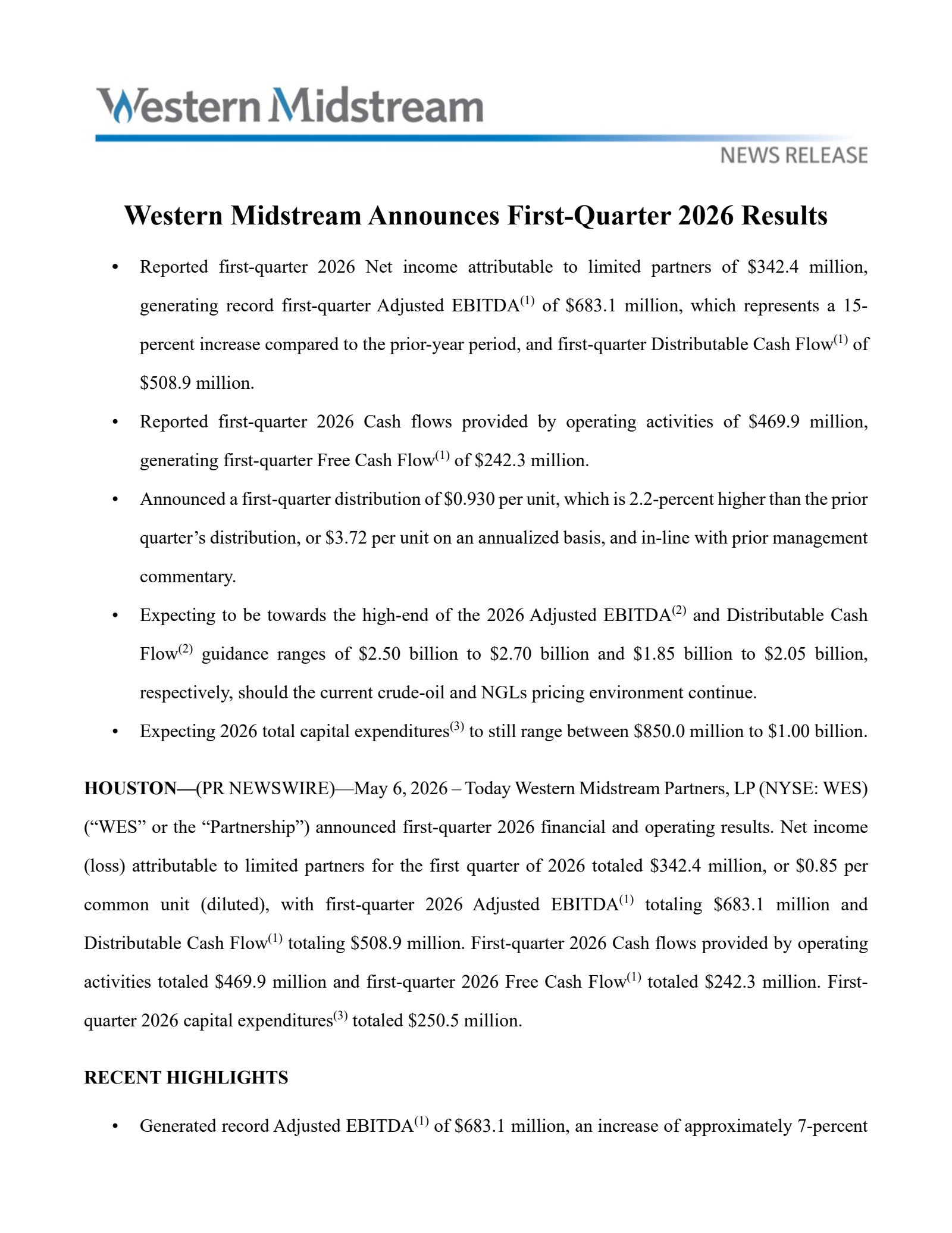 Western Midstream Partners' Q1 2026 Press Release