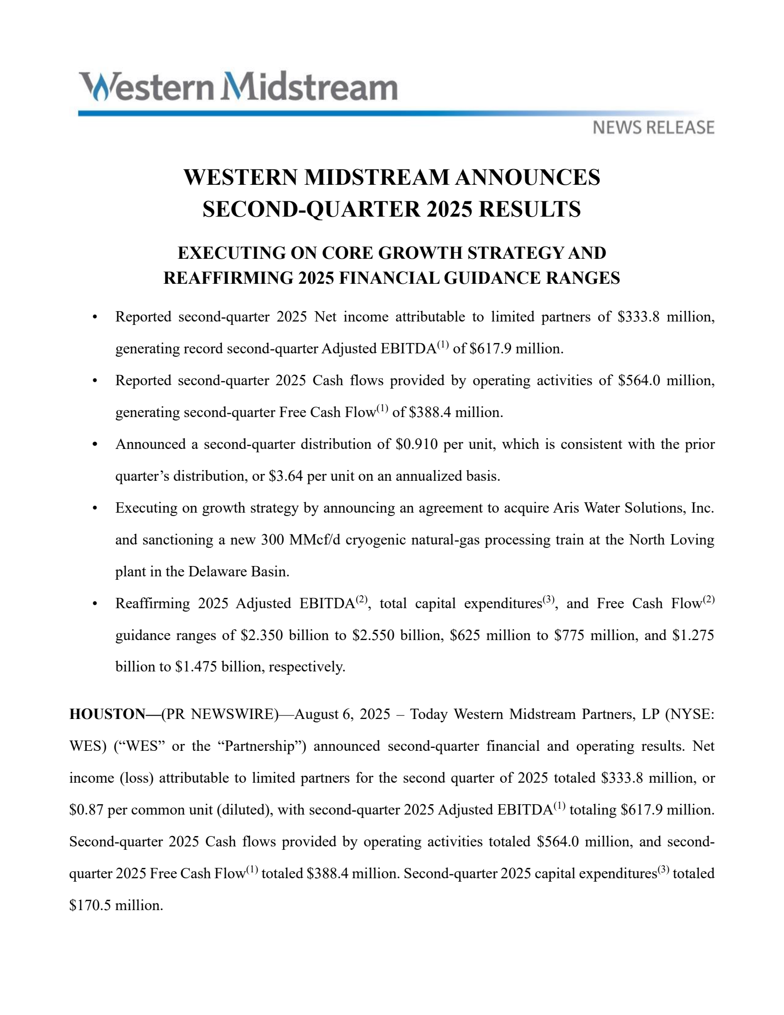 Western Midstream Partners' Q2 2025 Press Release