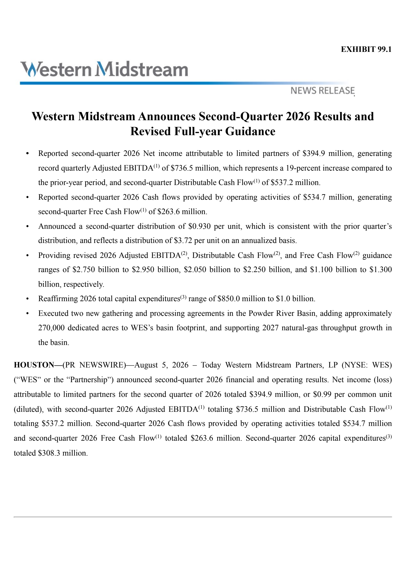 Western Midstream Partners' Q2 2026 Press Release