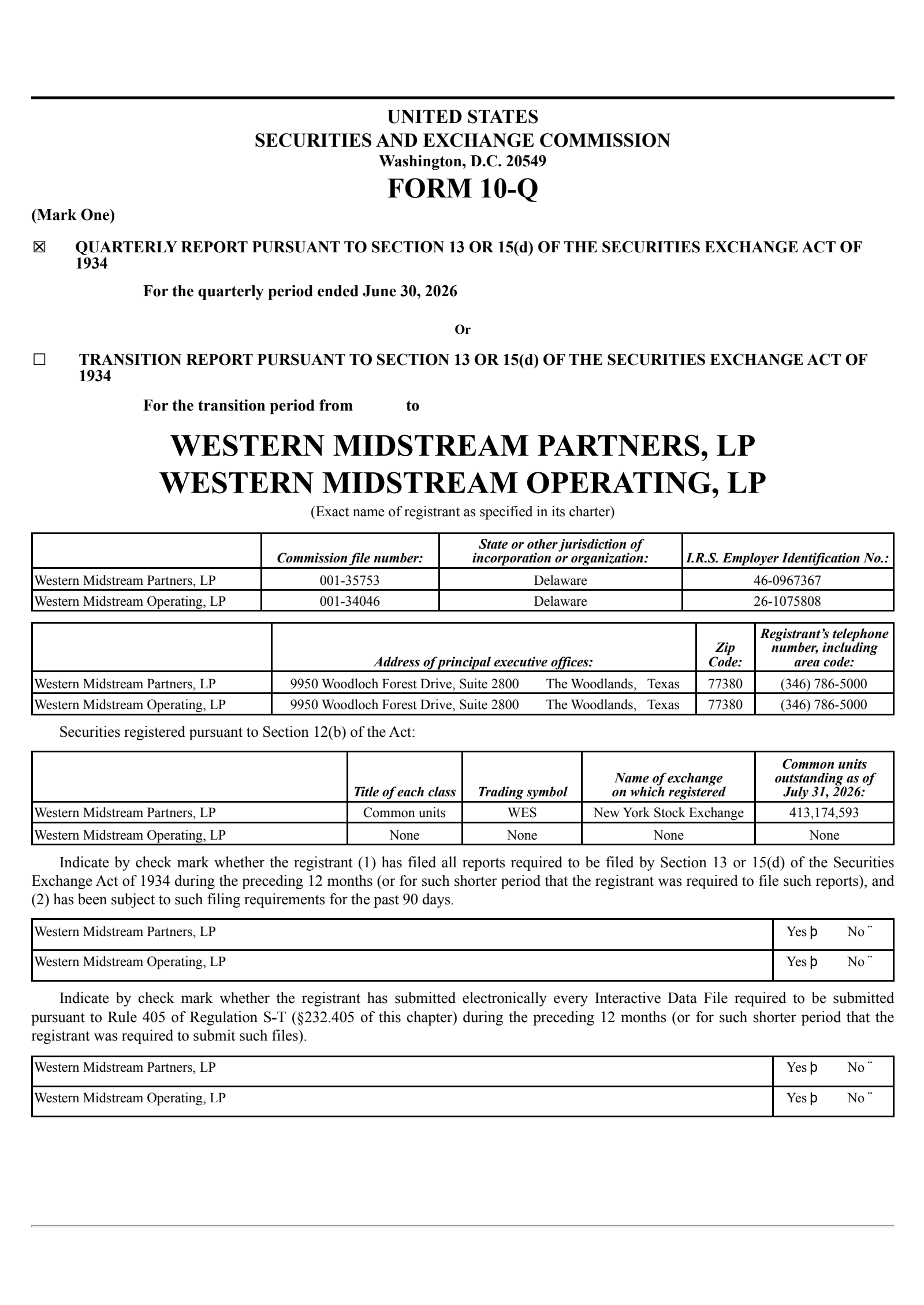 Western Midstream Partners' Q2 2026 Quarterly report