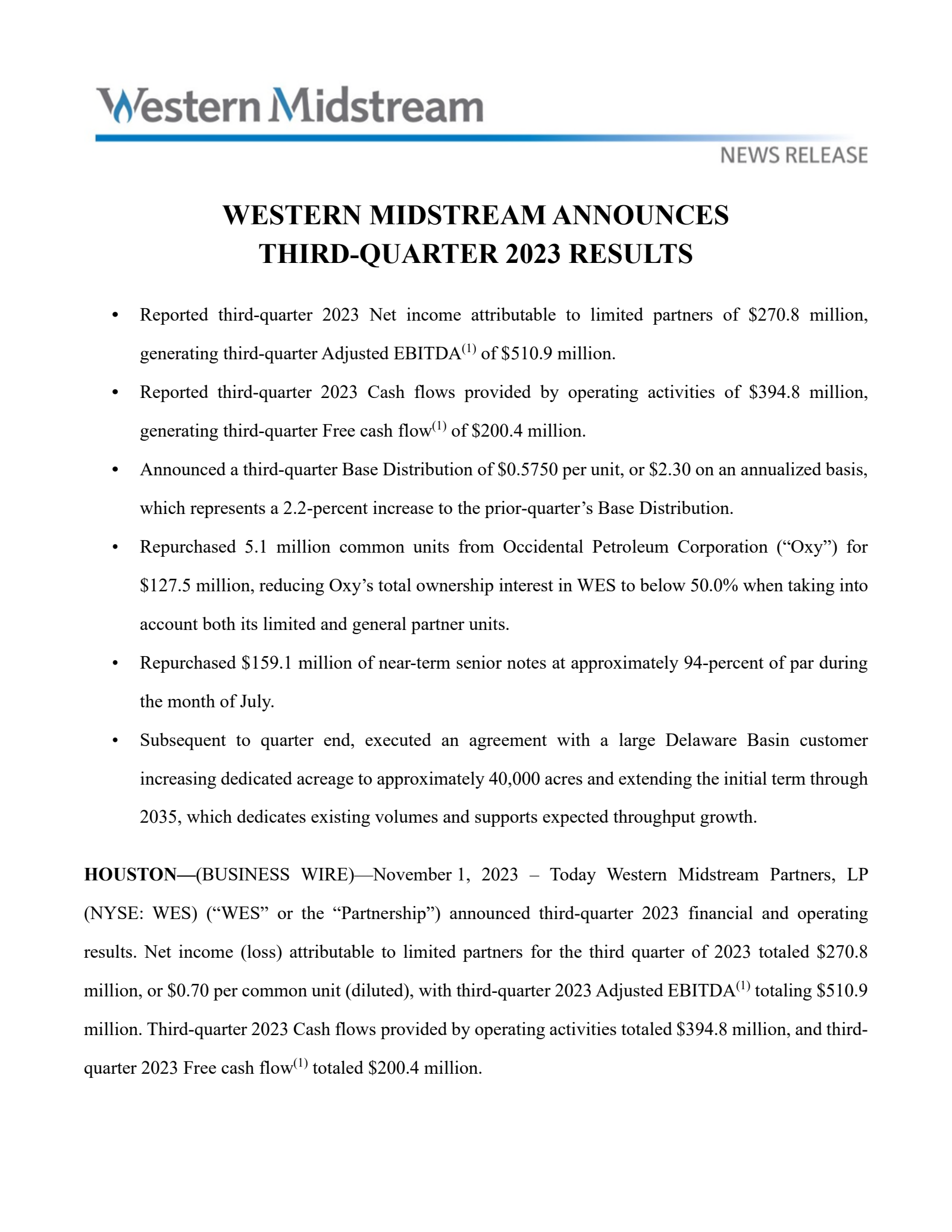 Western Midstream Partners' Q3 2023 Press Release