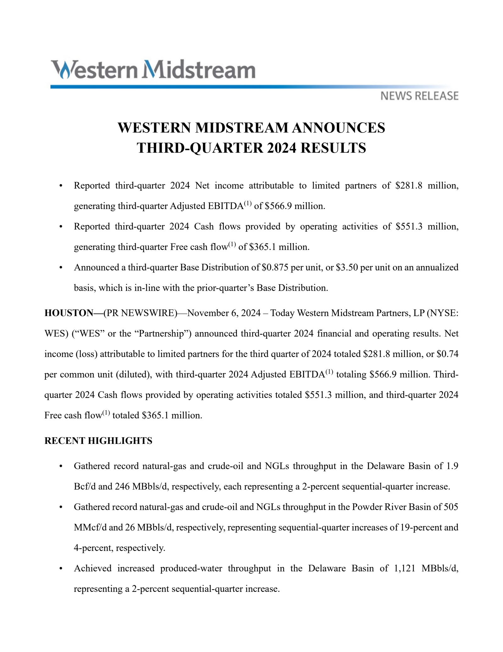 Western Midstream Partners' Q3 2024 Press Release