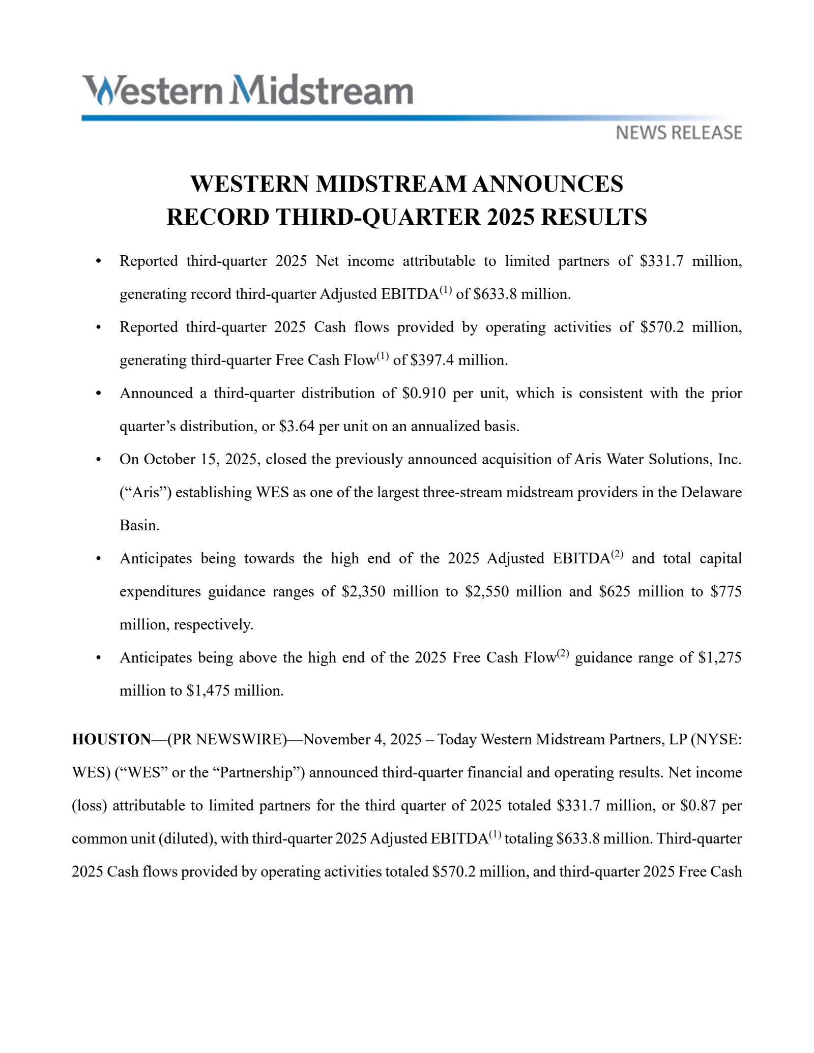 Western Midstream Partners' Q3 2025 Earnings Release