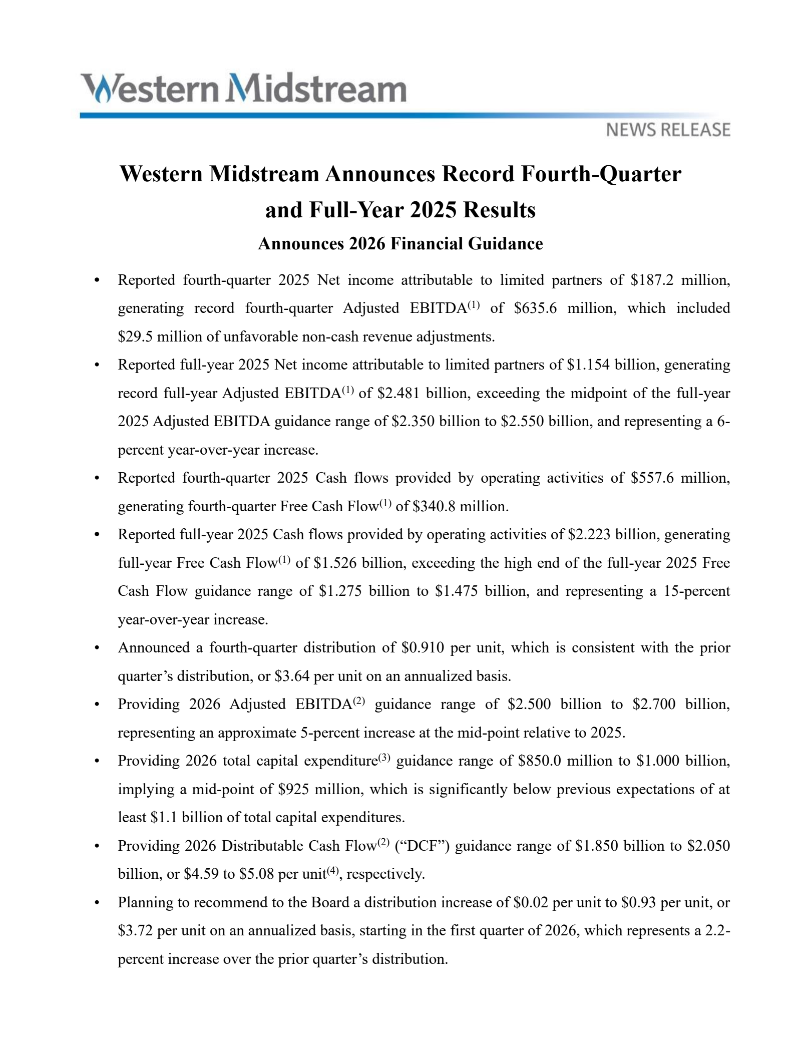 Western Midstream Partners' Q4 2025 Press Release