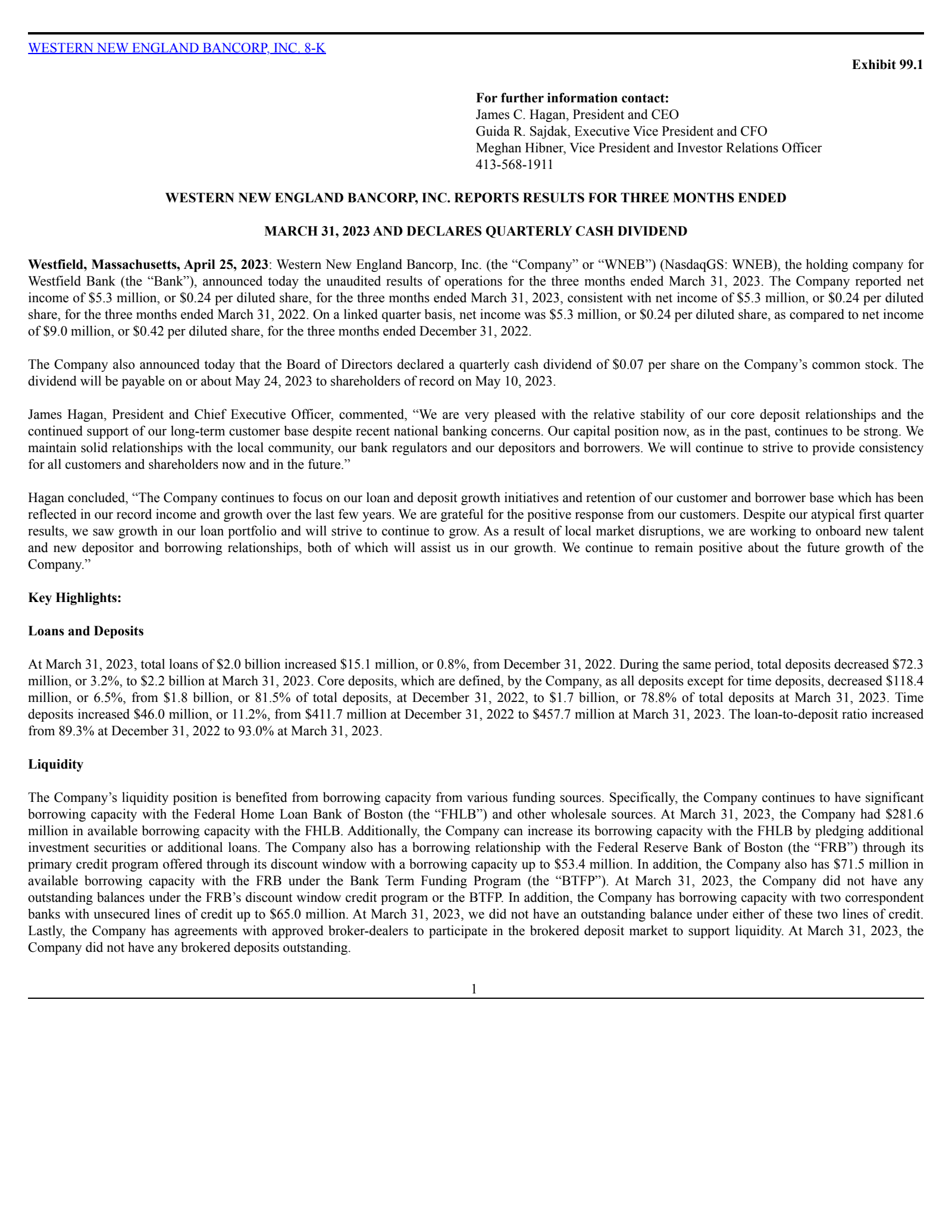 Western New England Bancorp's Q1 2023 Press Release