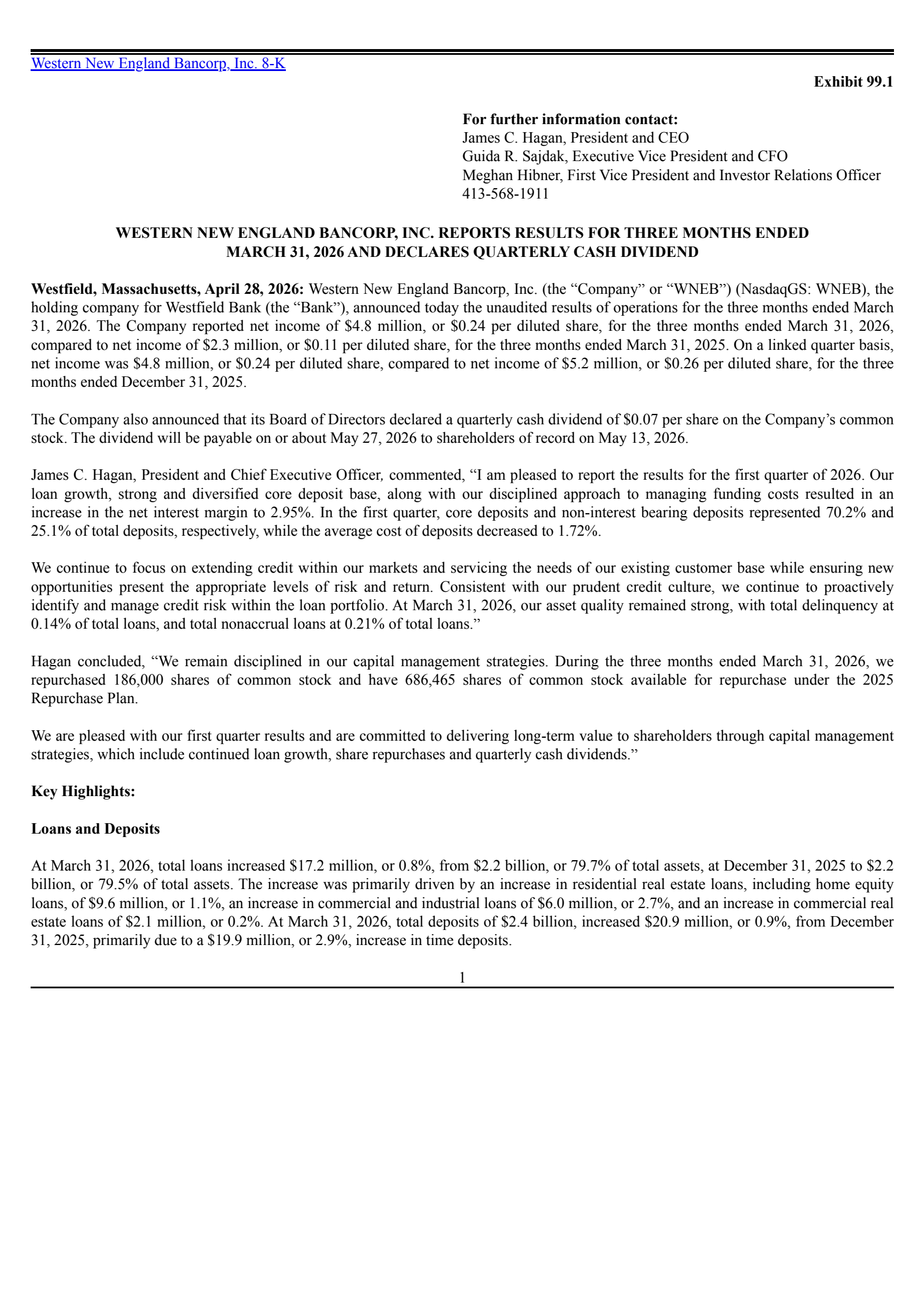 Western New England Bancorp's Q1 2026 Press Release