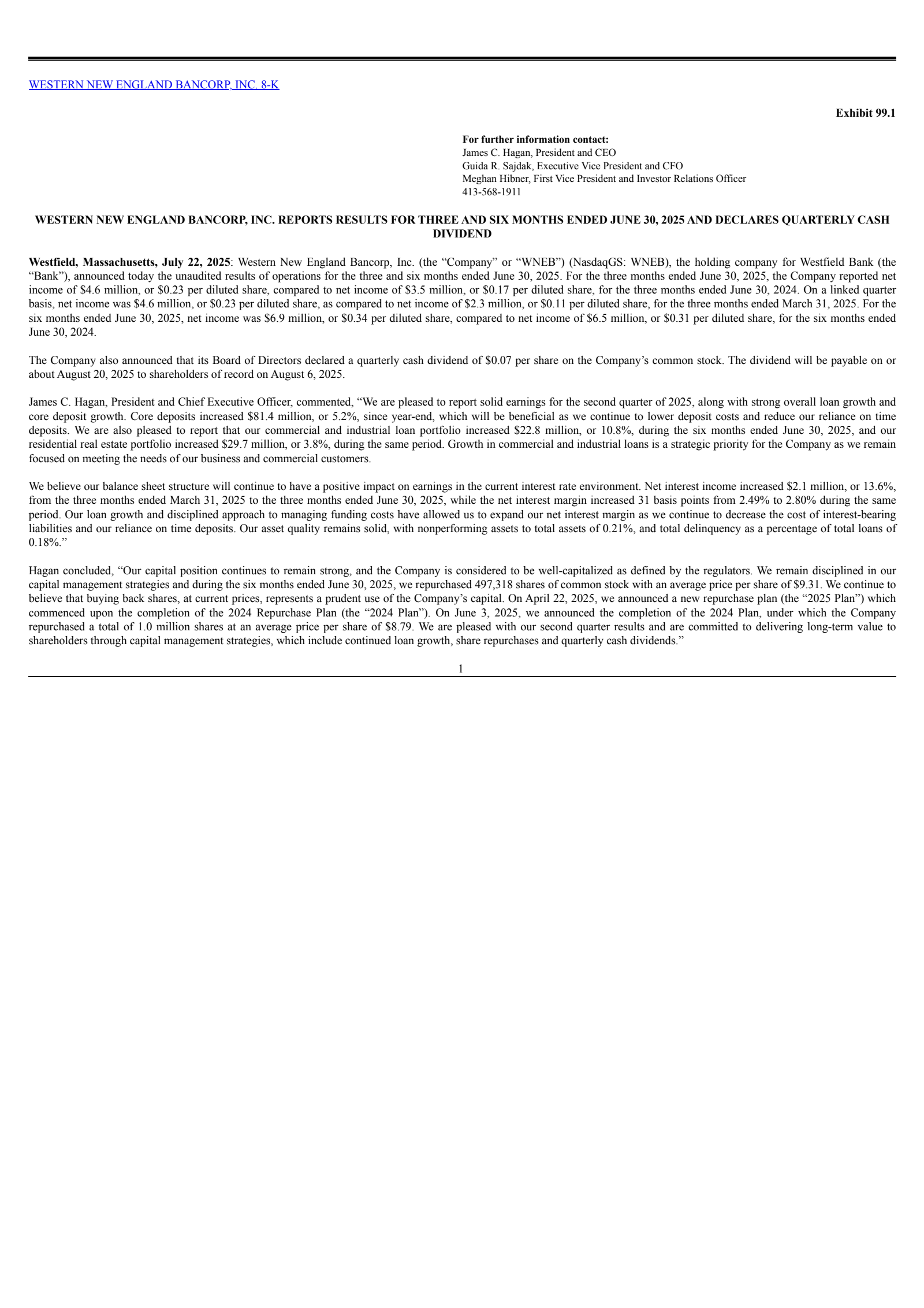 Western New England Bancorp's Q2 2025 Press Release