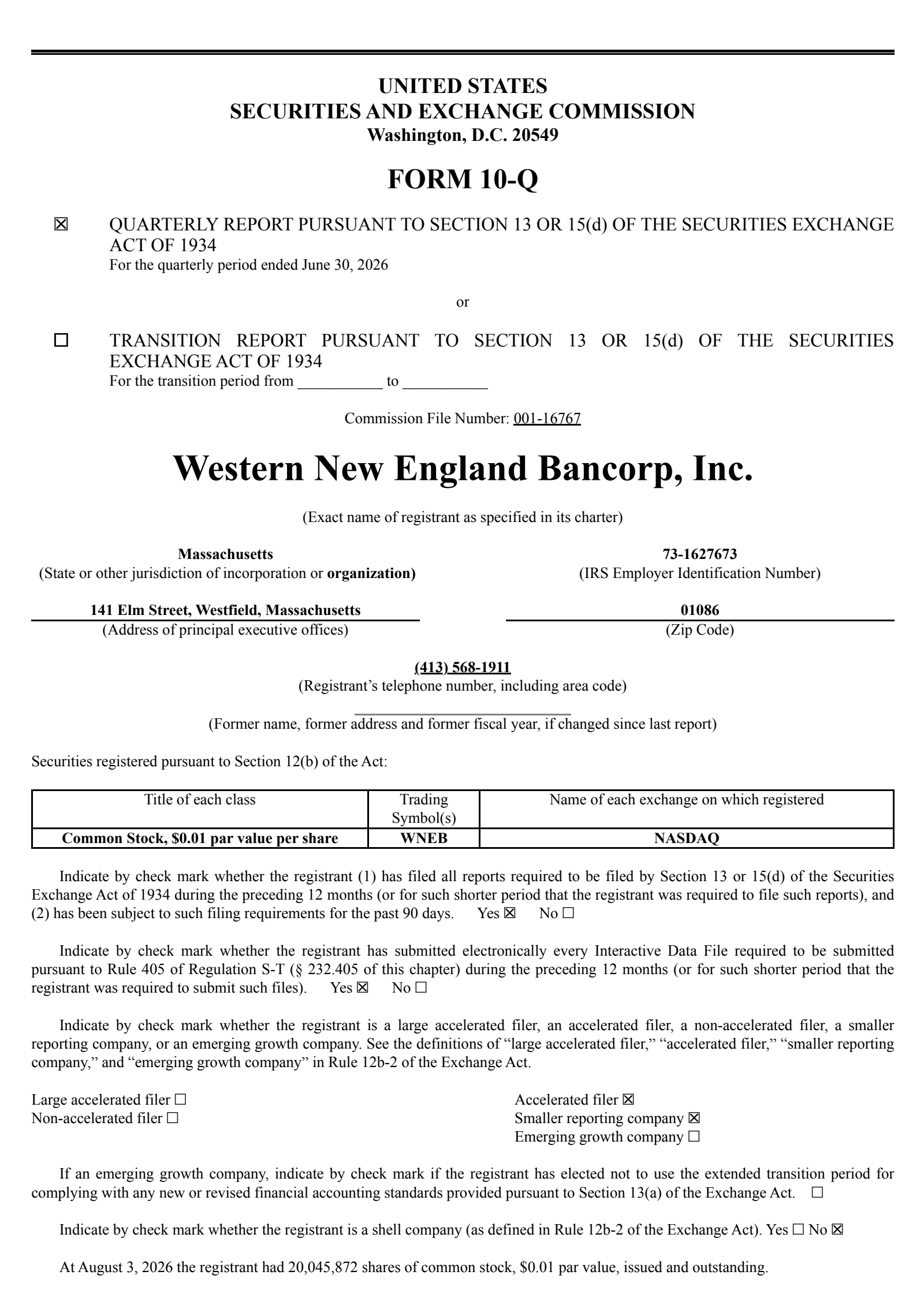 Western New England Bancorp's Q2 2026 Quarterly report