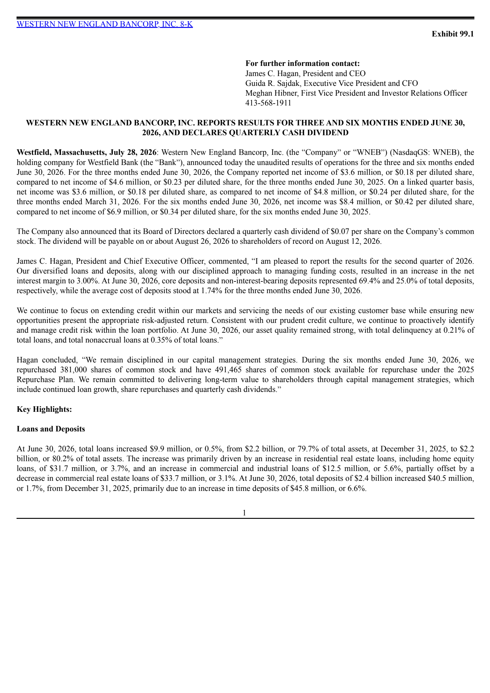 Western New England Bancorp's Q2 2026 Press Release