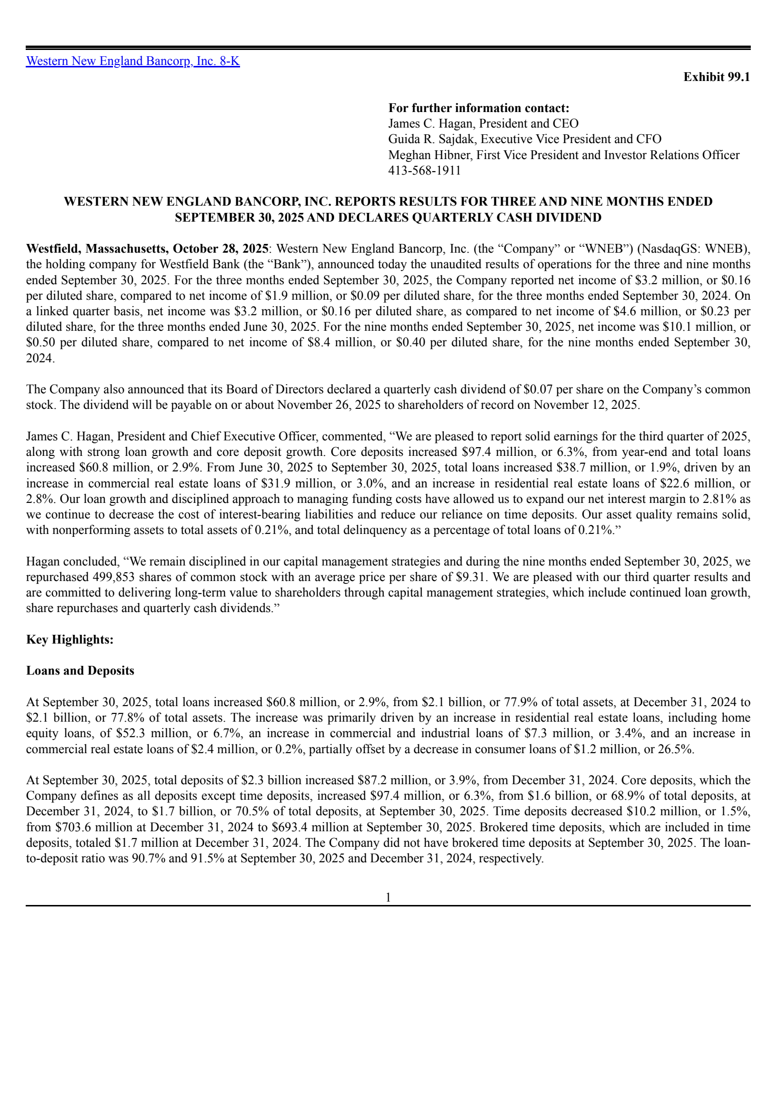 Western New England Bancorp's Q3 2025 Earnings Release