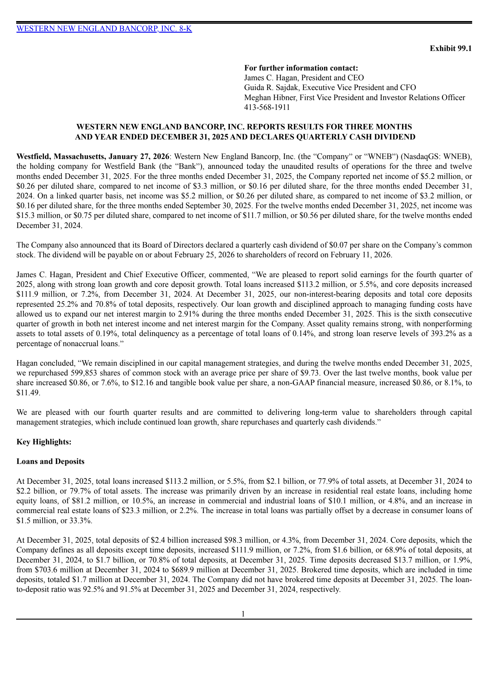Western New England Bancorp's Q4 2025 Press Release