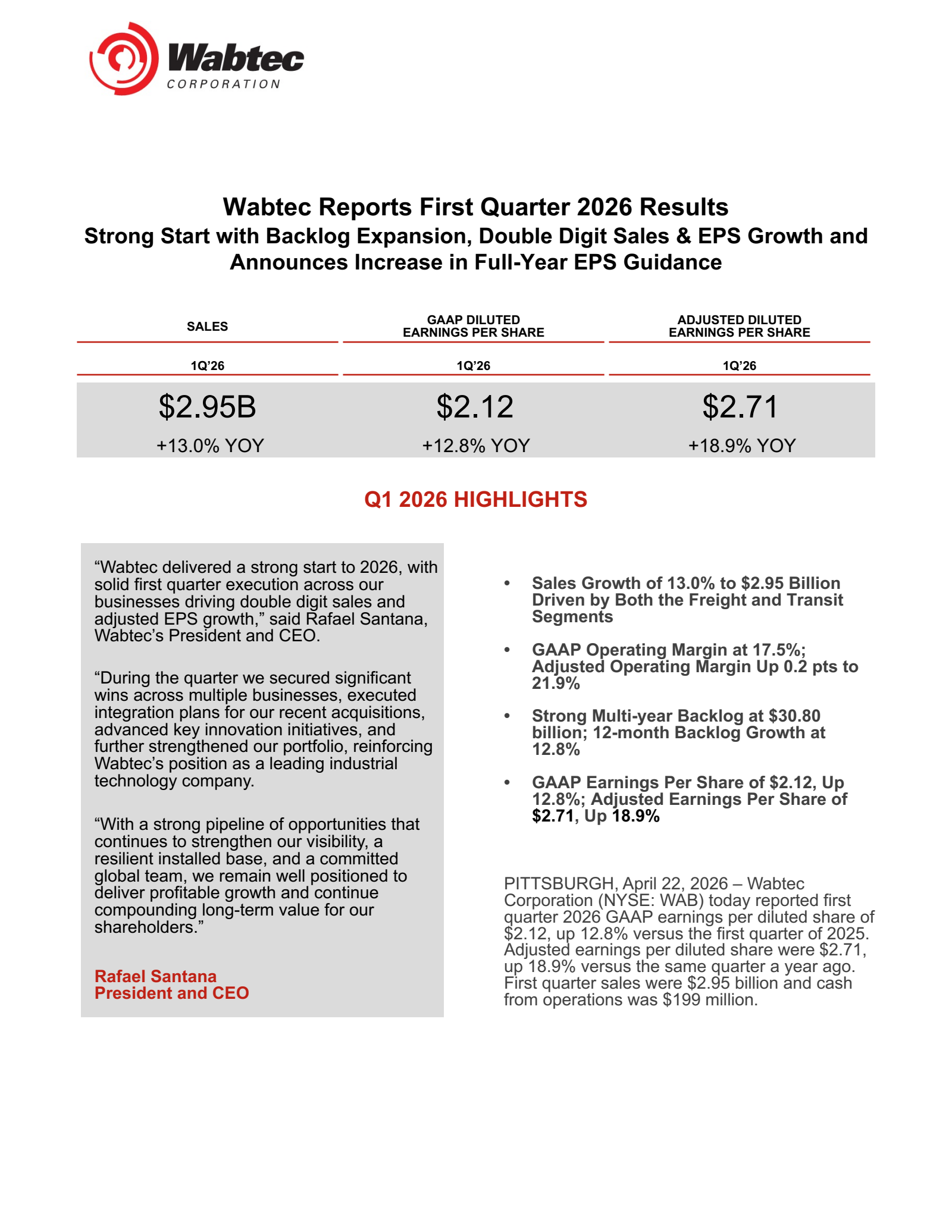 Wabtec's Q1 2026 Press Release