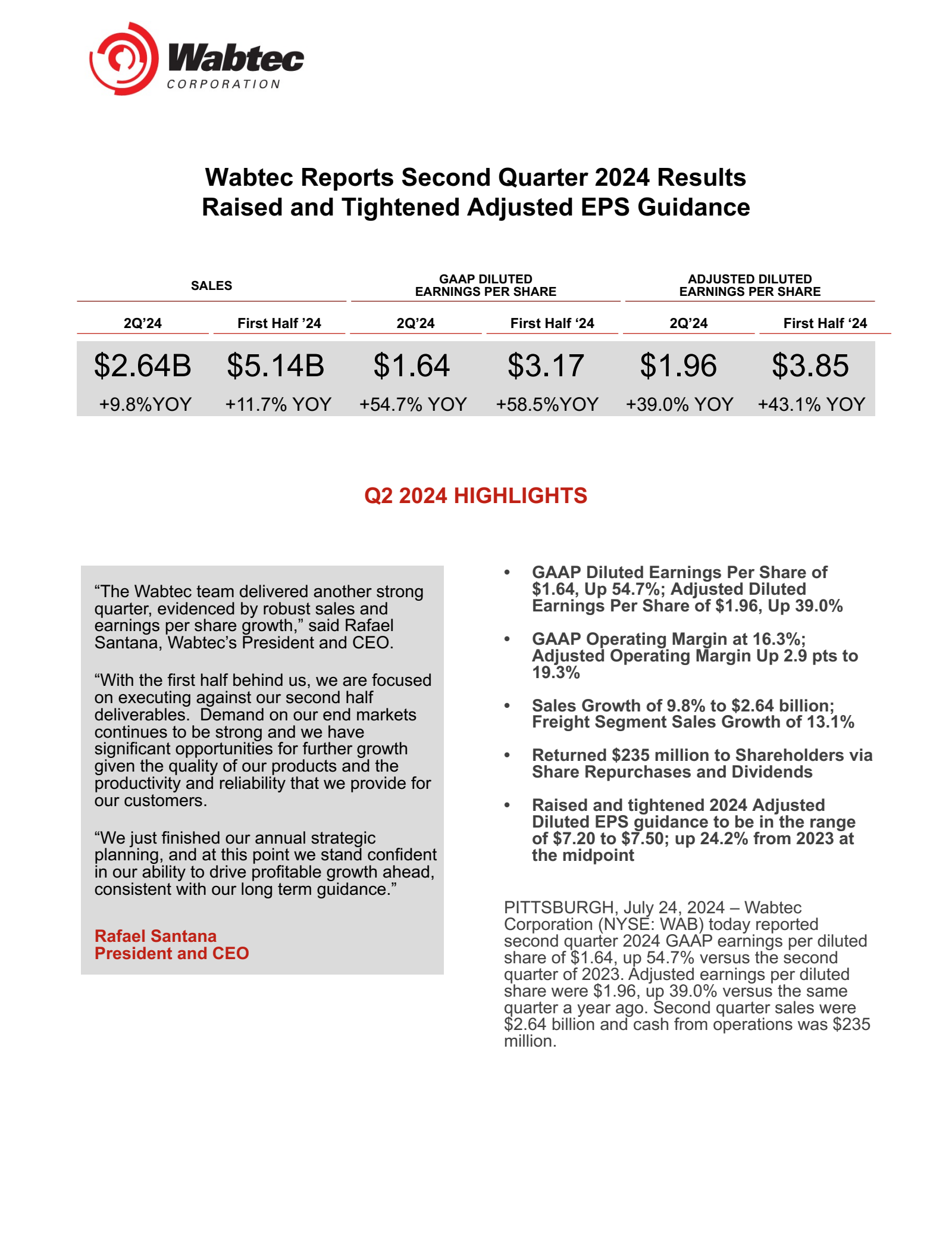 Westinghouse Air Brake Technologies' Q2 2024 Press Release