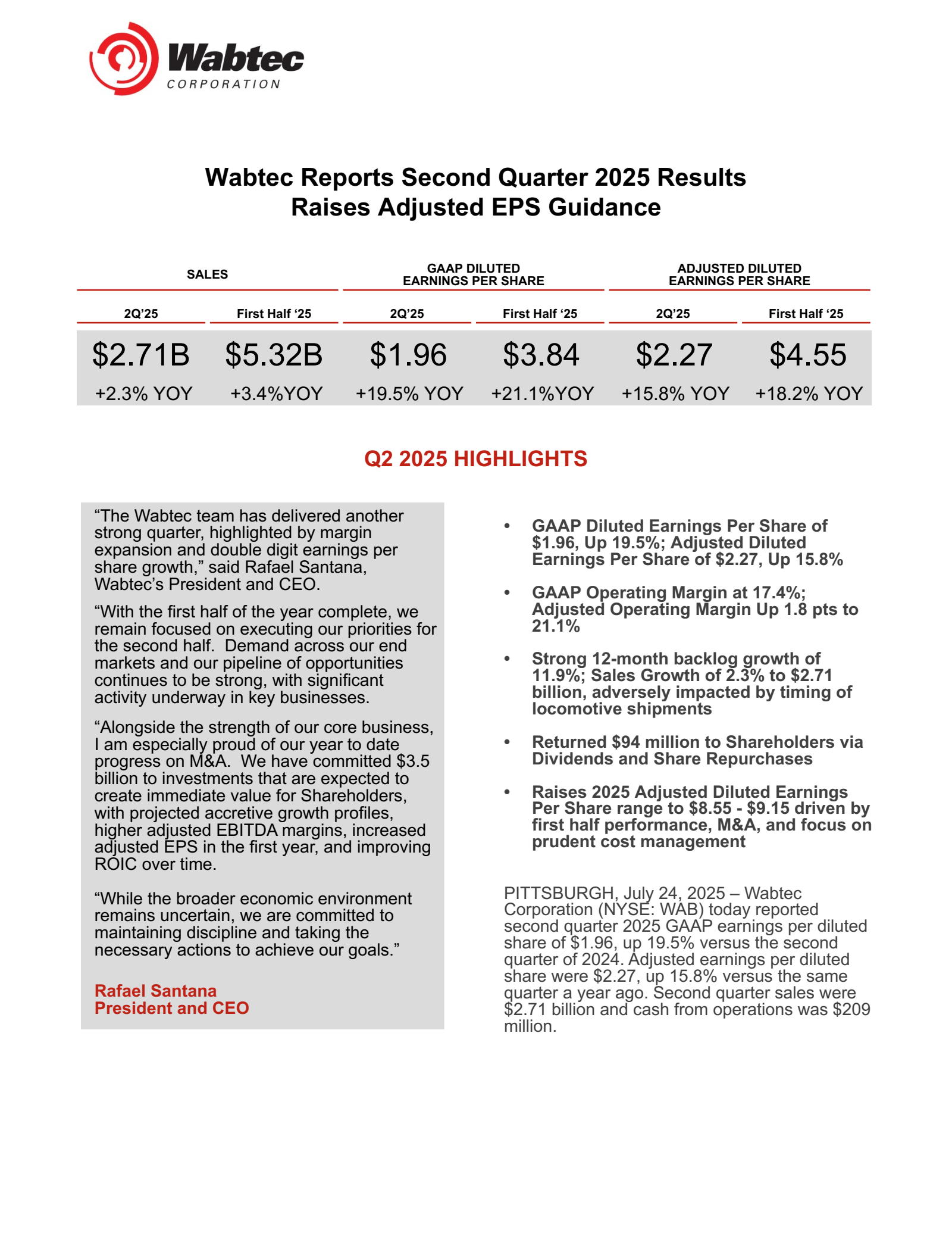 Wabtec's Q2 2025 Press Release