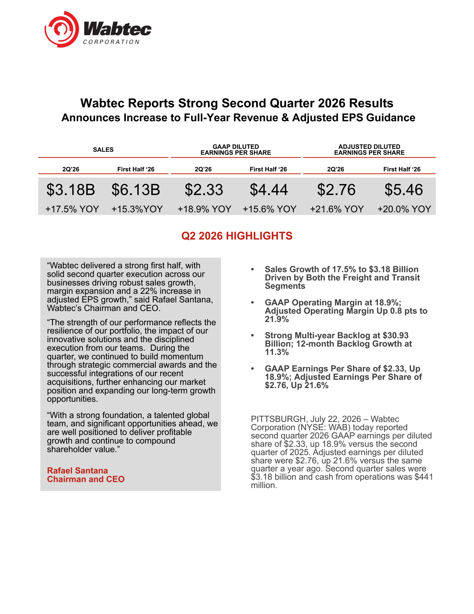 Wabtec's Q2 2026 Press Release