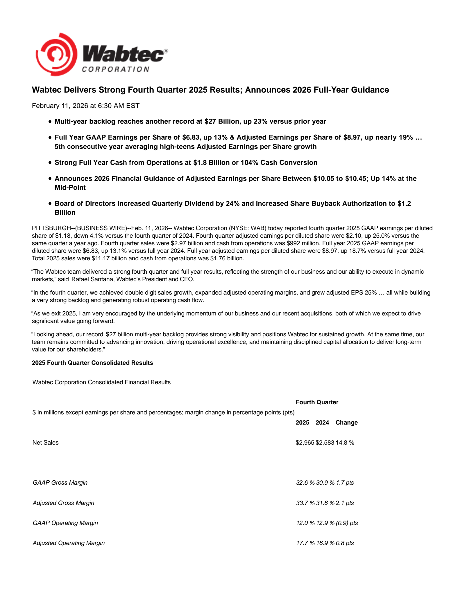 Wabtec's Q4 2025 Press Release