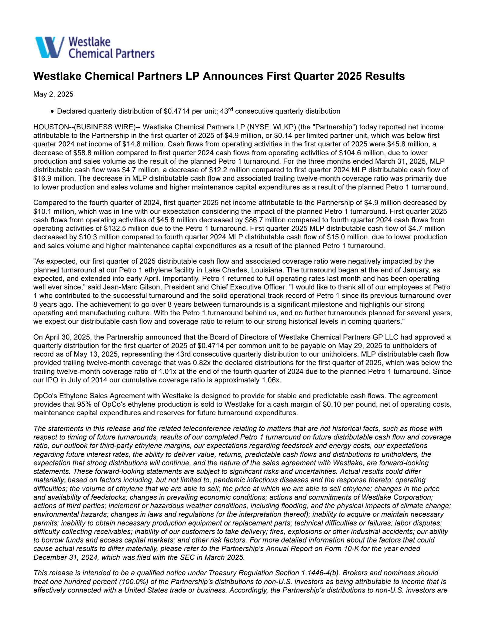 Westlake Chemical Partners' Q1 2025 Earnings Release