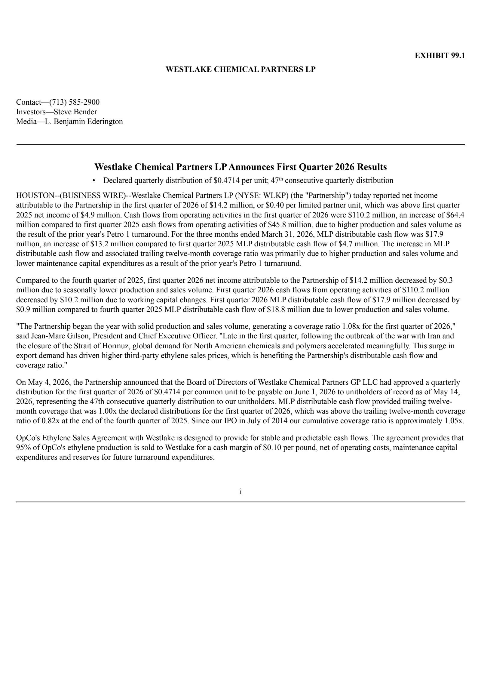 Westlake Chemical Partners' Q1 2026 Press Release