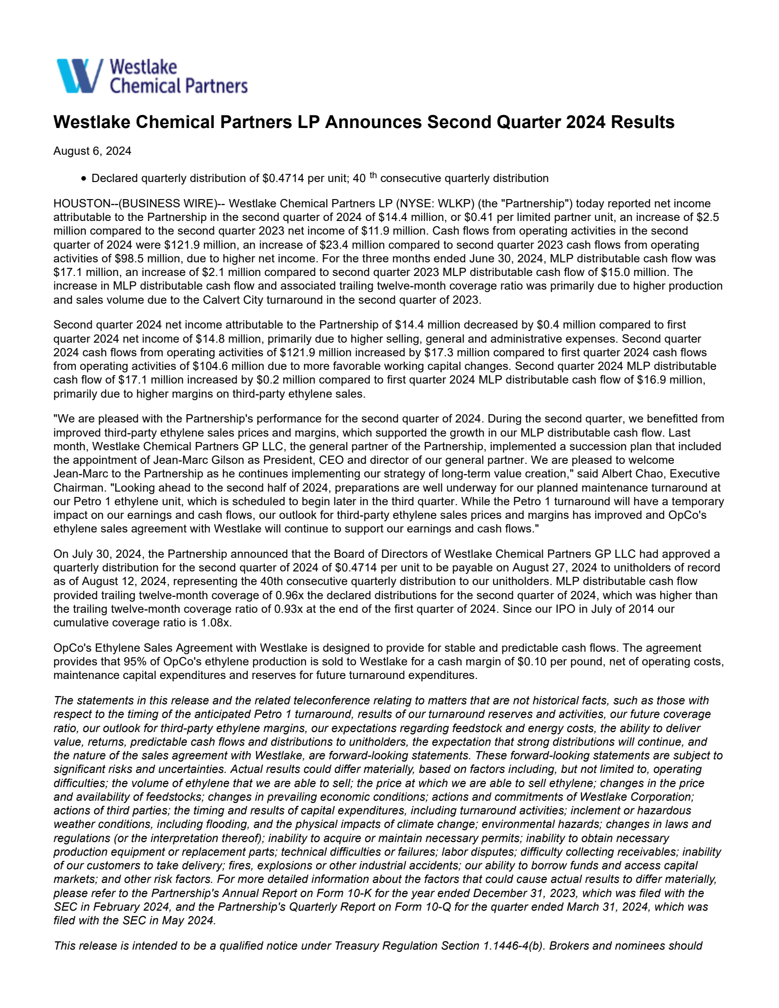 Westlake Chemical Partners' Q2 2024 Earnings Release