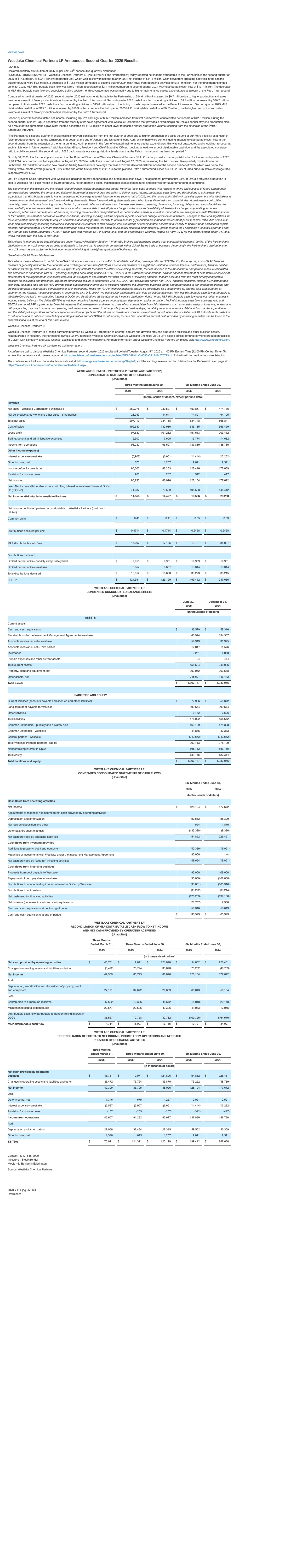 Westlake Chemical Partners' Q2 2025 Press Release