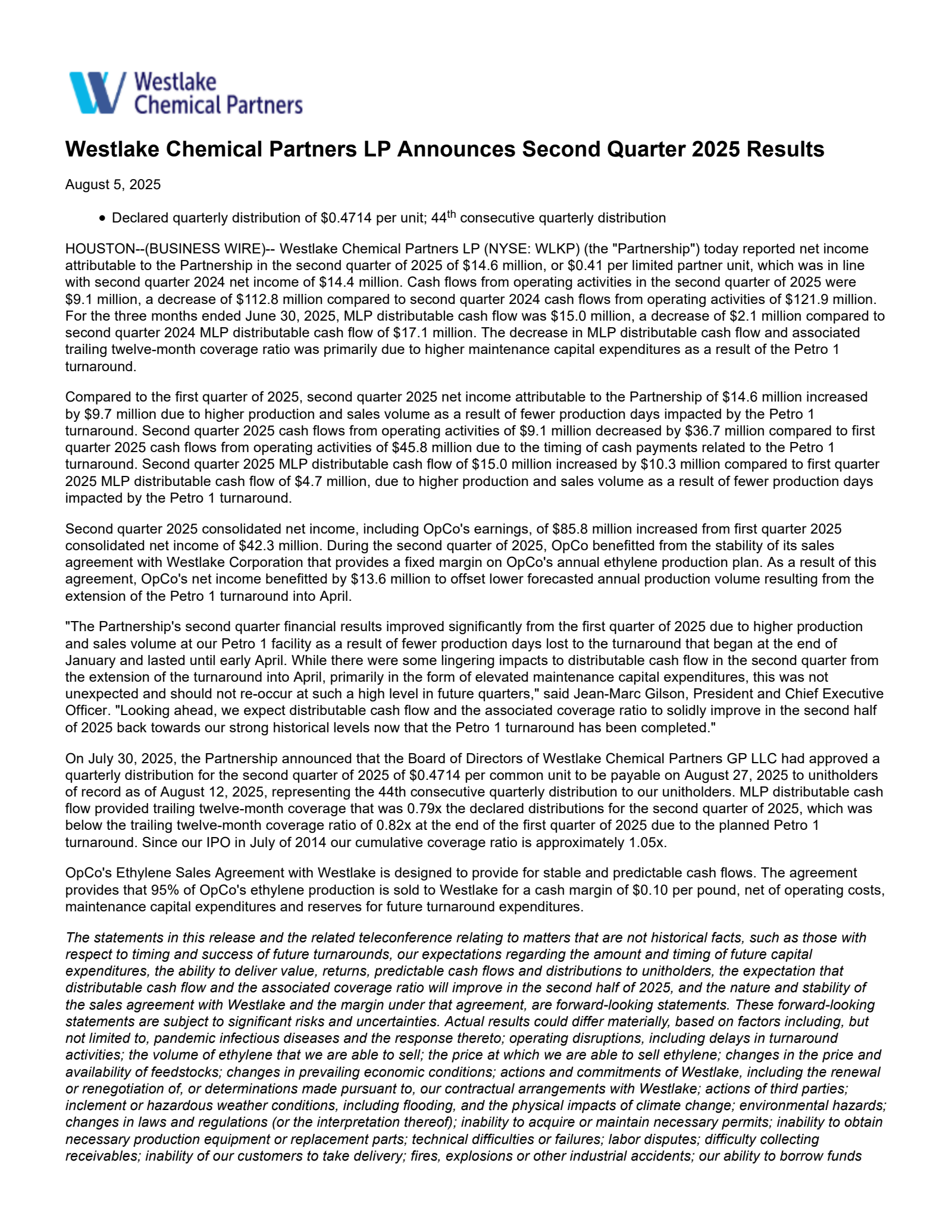 Westlake Chemical Partners' Q2 2025 Earnings Release
