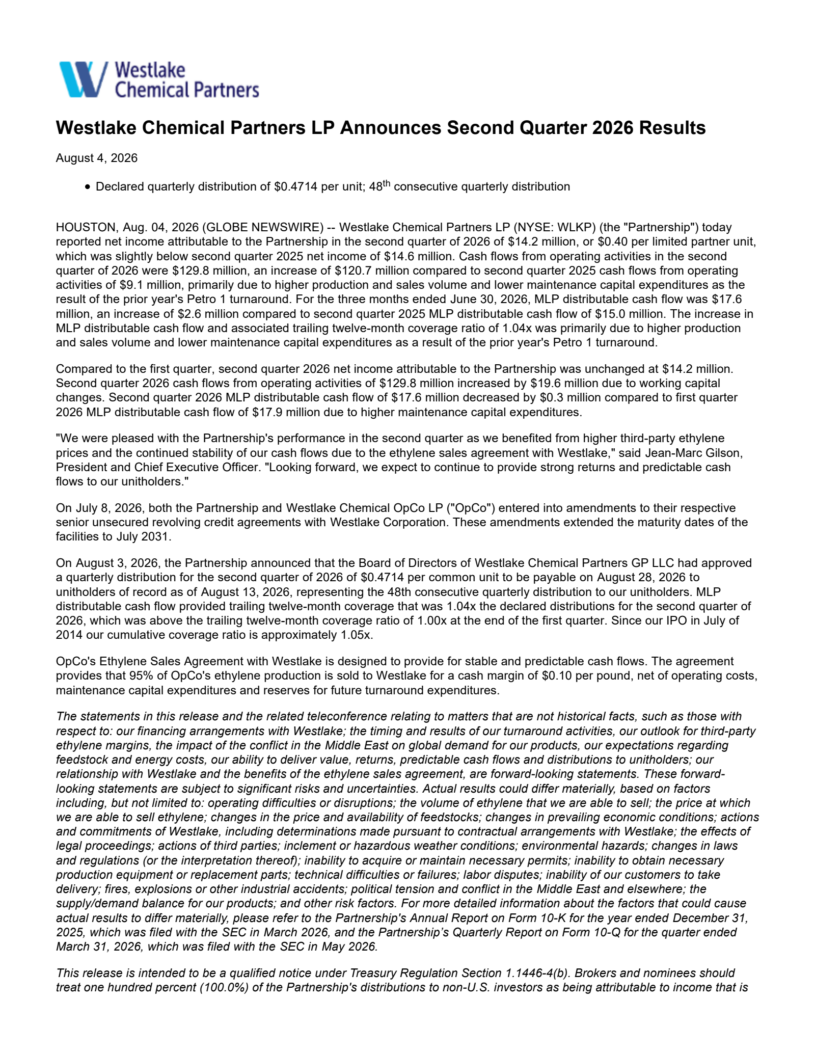 Westlake Chemical Partners' Q2 2026 Press Release