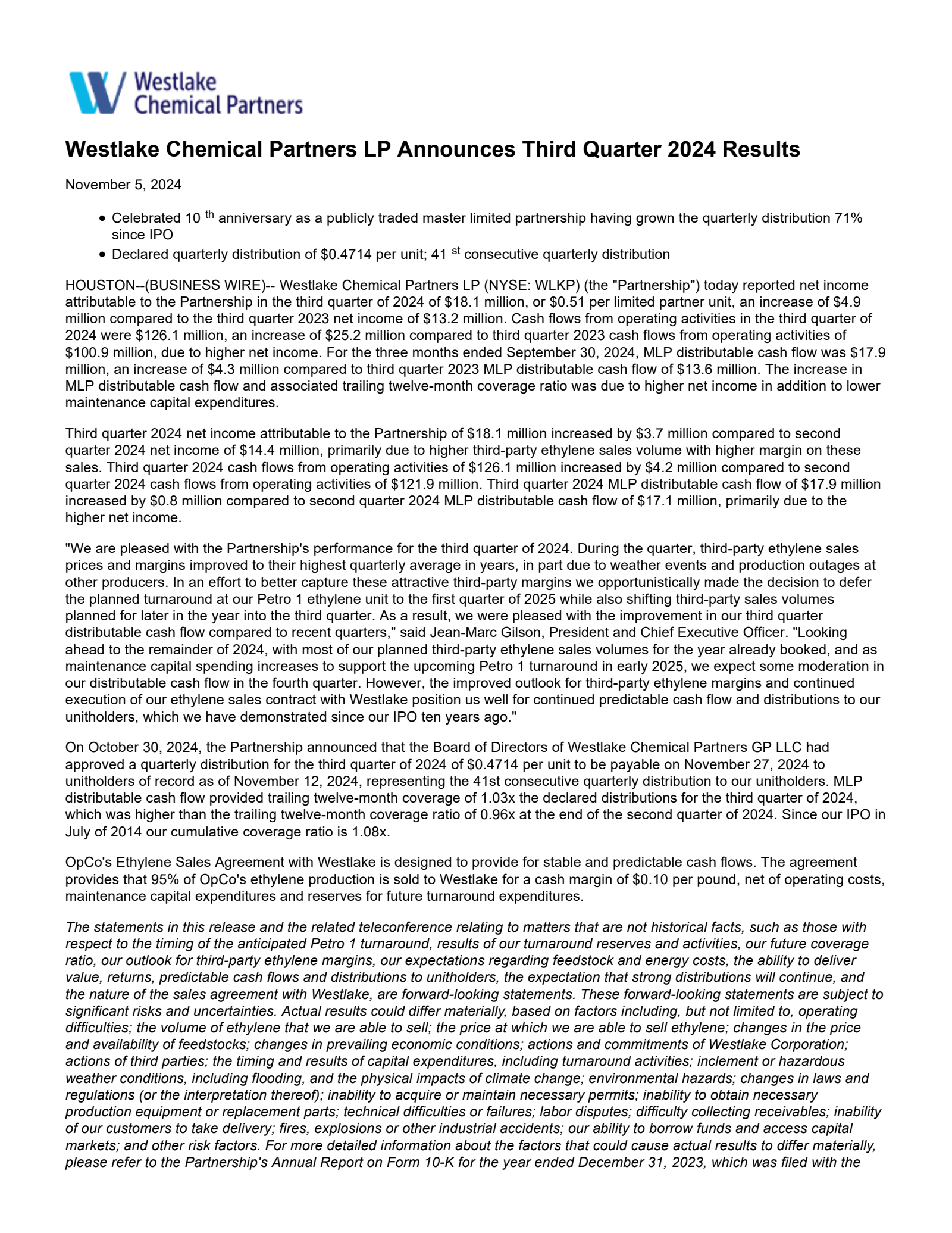 Westlake Chemical Partners' Q3 2024 Earnings Release