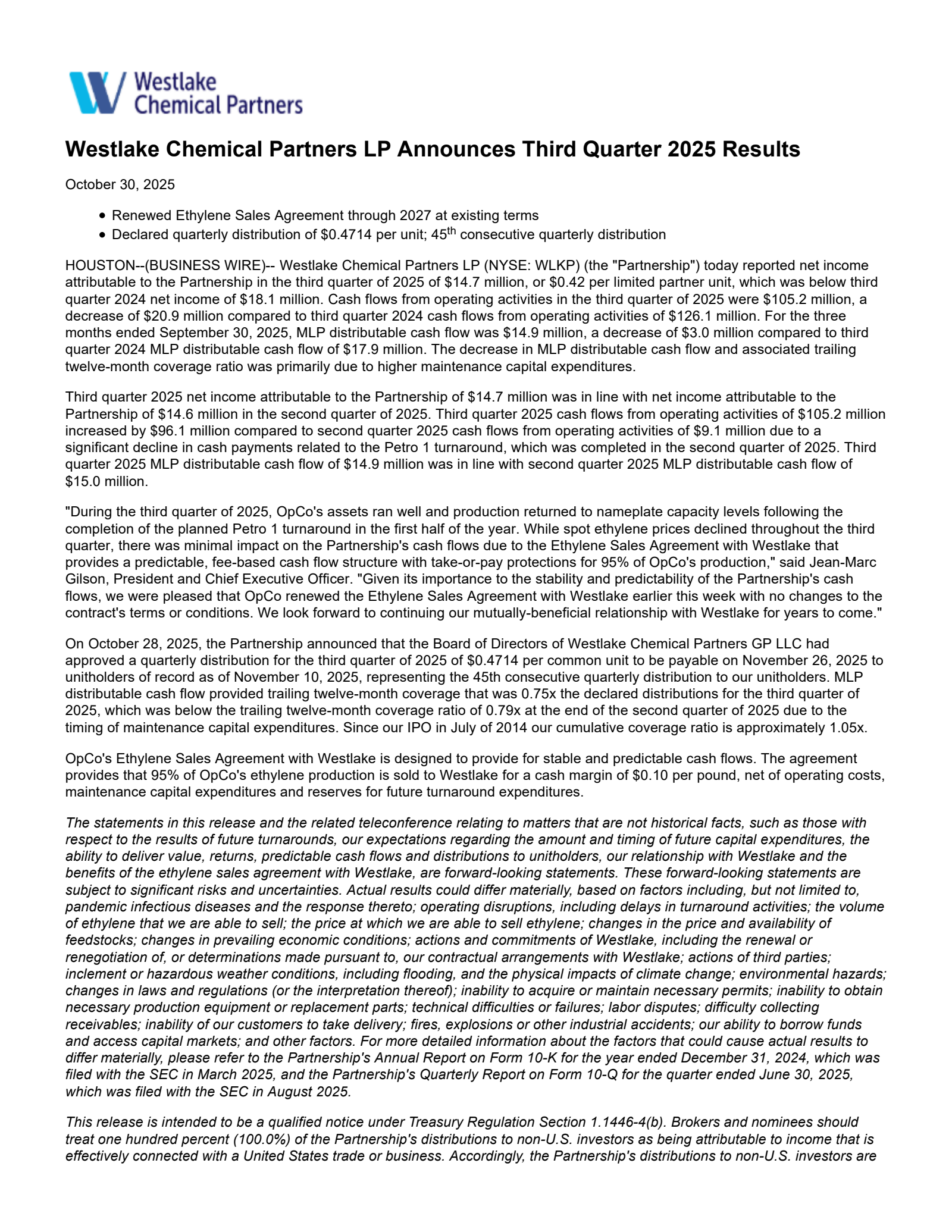 Westlake Chemical Partners' Q3 2025 Earnings Release