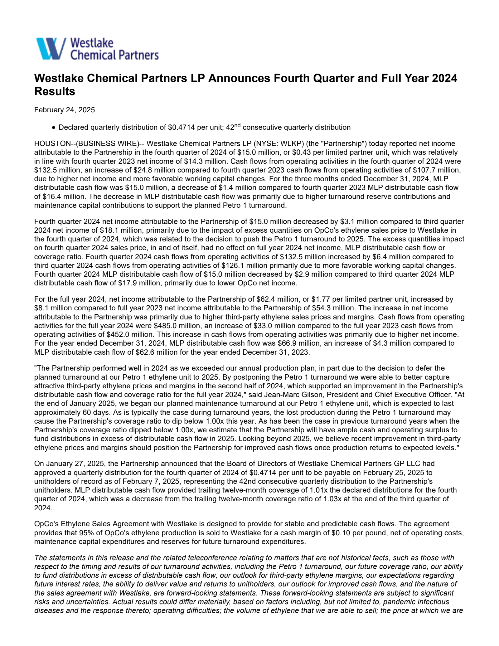Westlake Chemical Partners' Q4 2024 Earnings Release