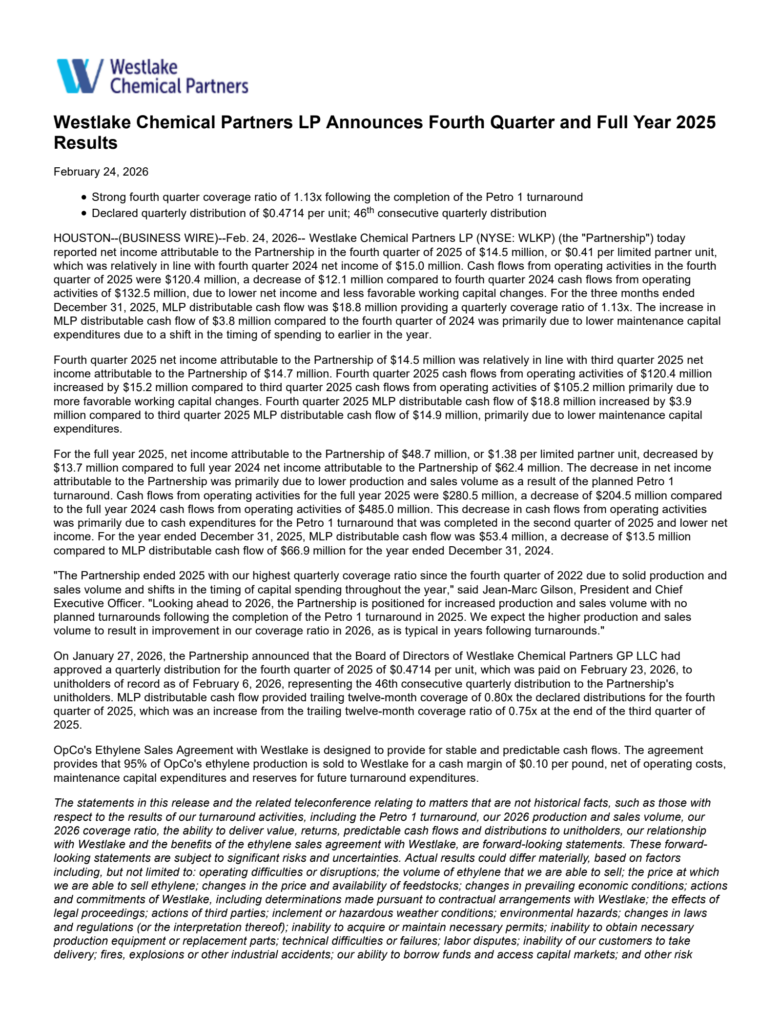 Westlake Chemical Partners' Q4 2025 Press Release