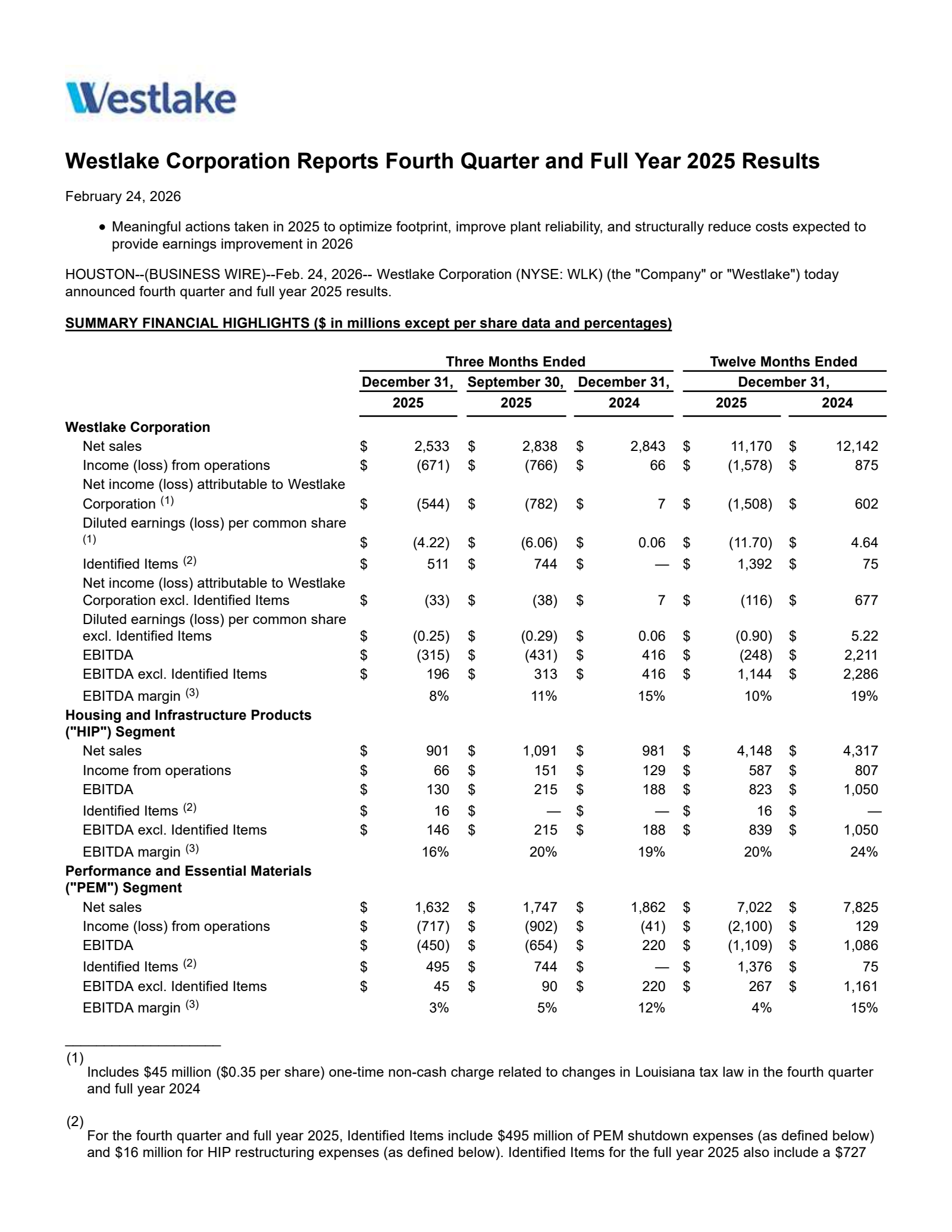 Westlake's Q4 2025 Press Release