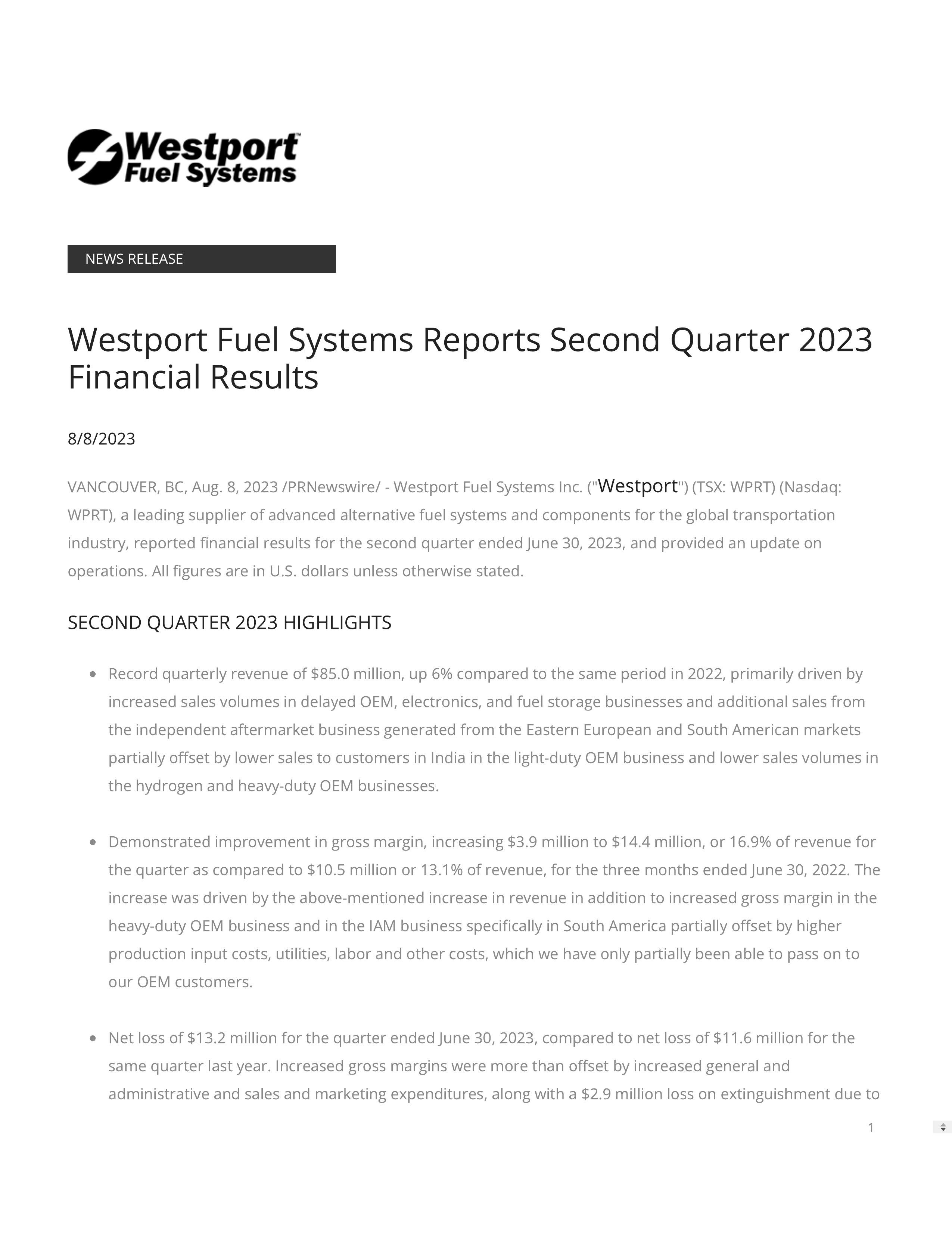 Westport Fuel Systems' Q2 2023 Interim report