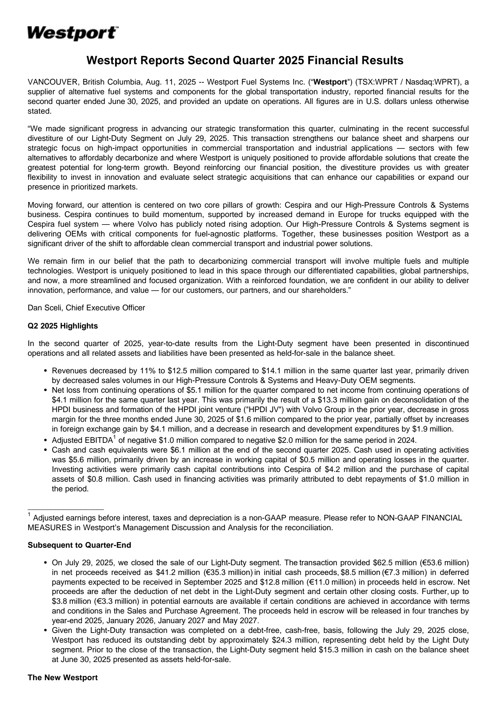 Westport Fuel Systems' Q2 2025 Press Release