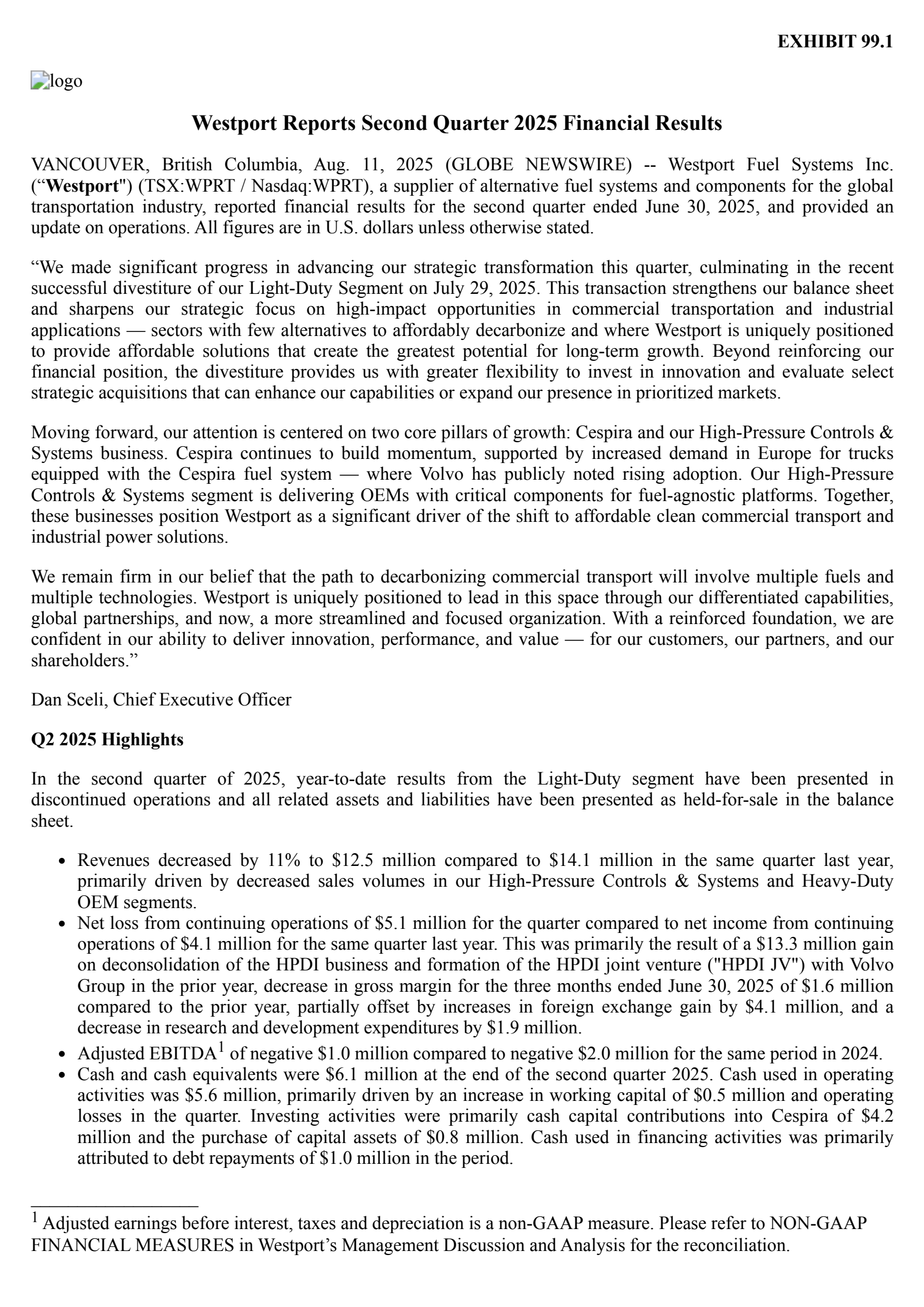 Westport Fuel Systems' Q2 2025 Press Release