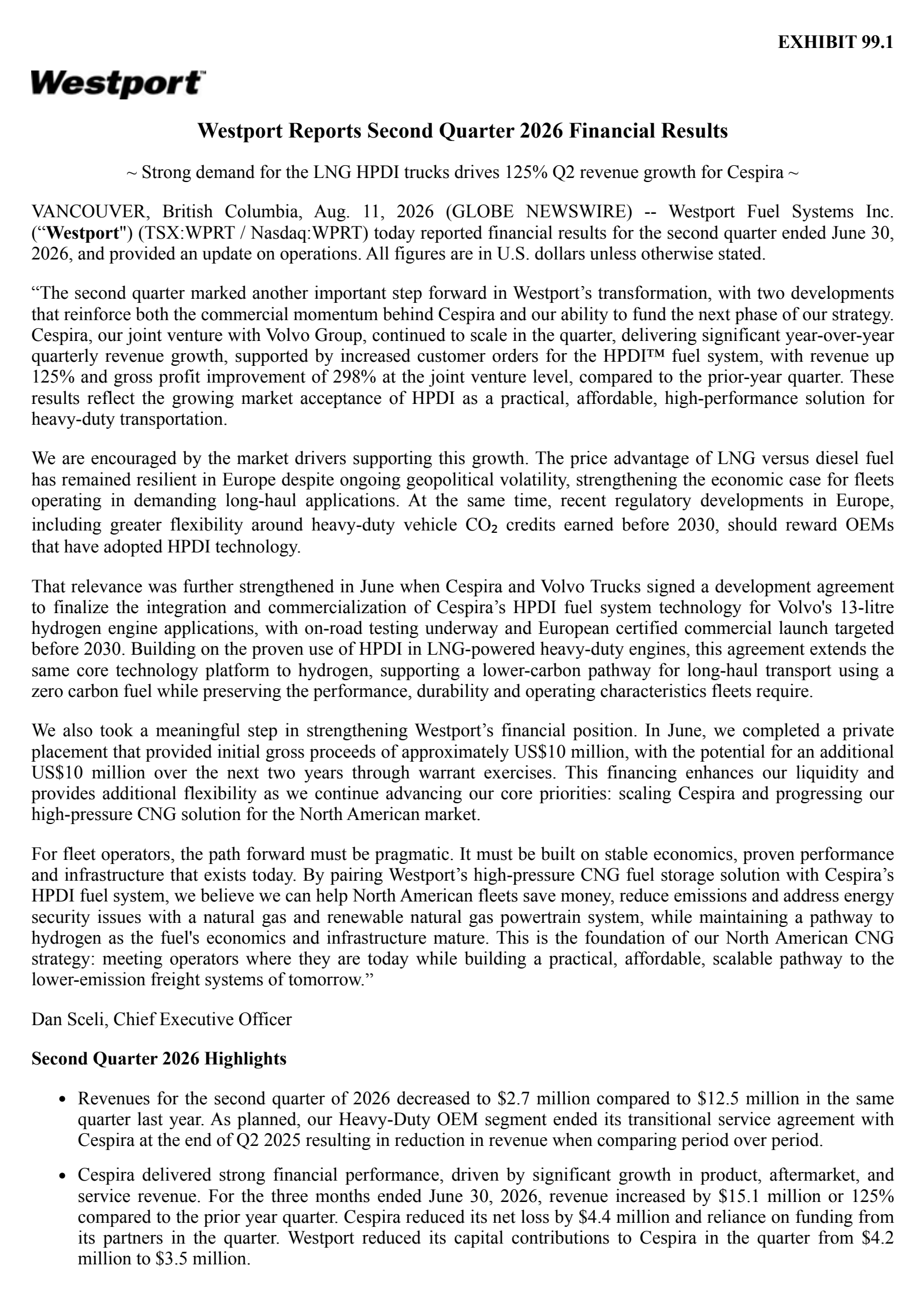 Westport Fuel Systems' Q2 2026 Press Release