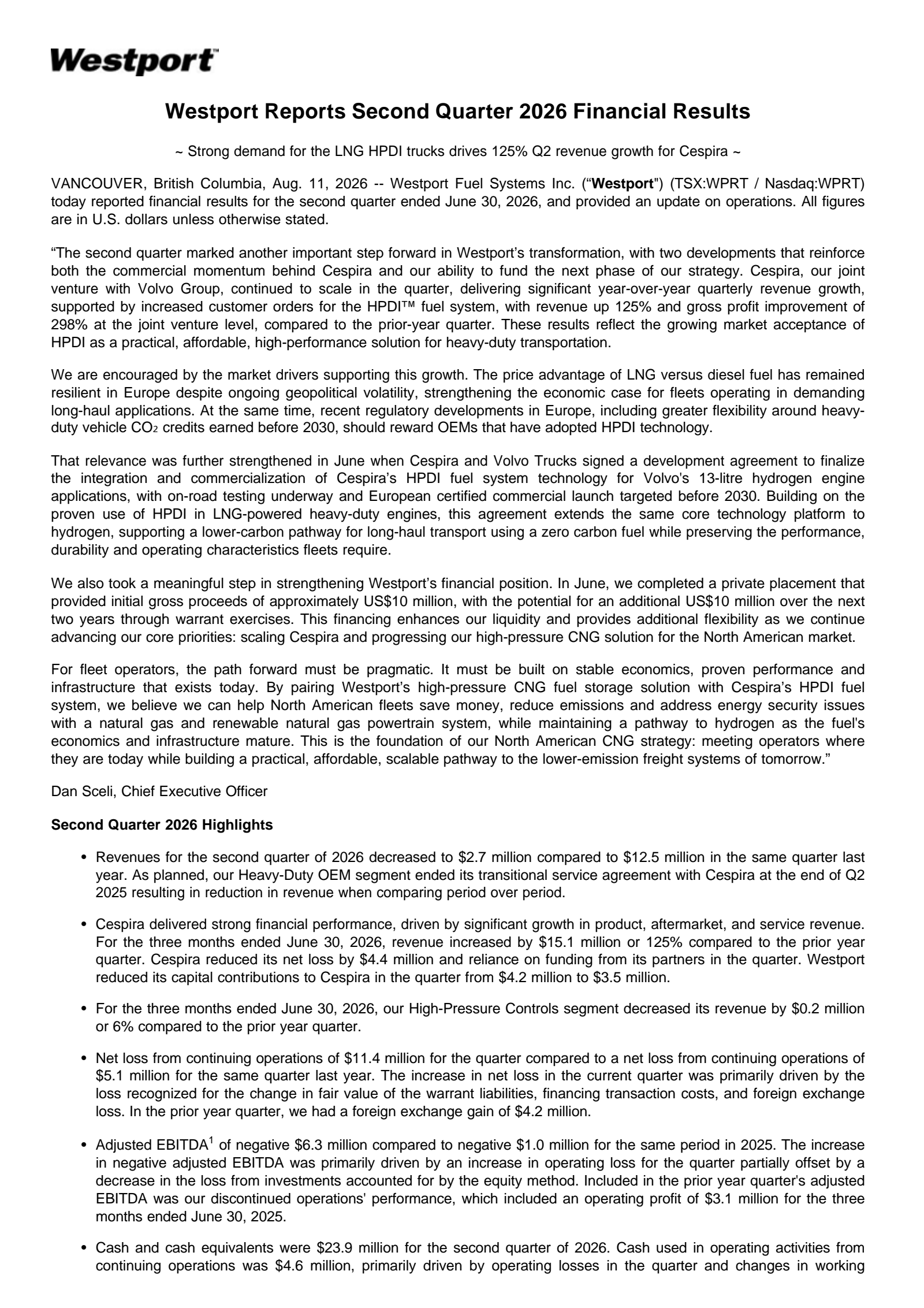 Westport Fuel Systems' Q2 2026 Press Release