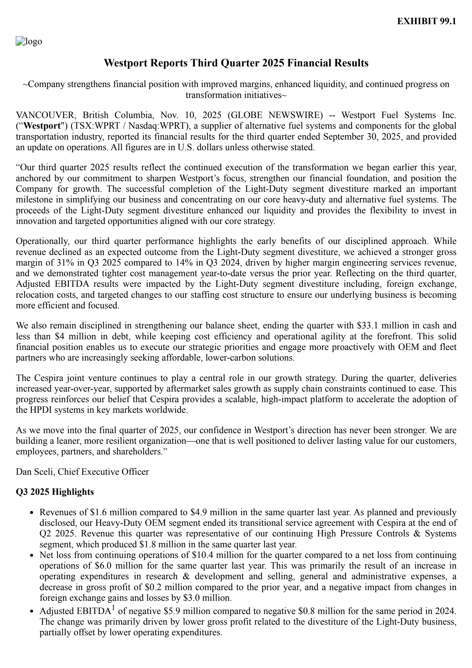 Westport Fuel Systems' Q3 2025 Earnings Release
