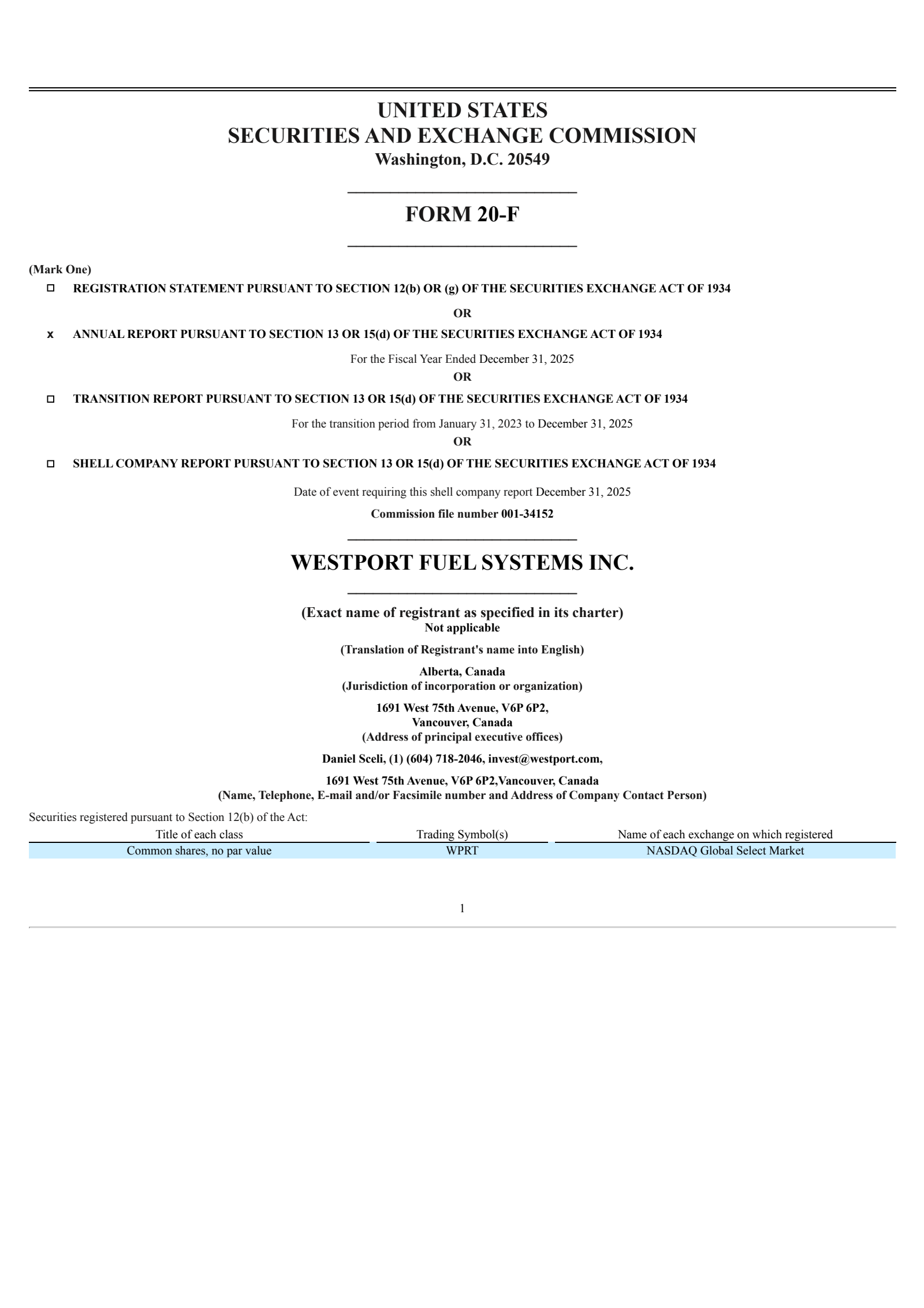 Westport Fuel Systems' Q4 2025 Annual report