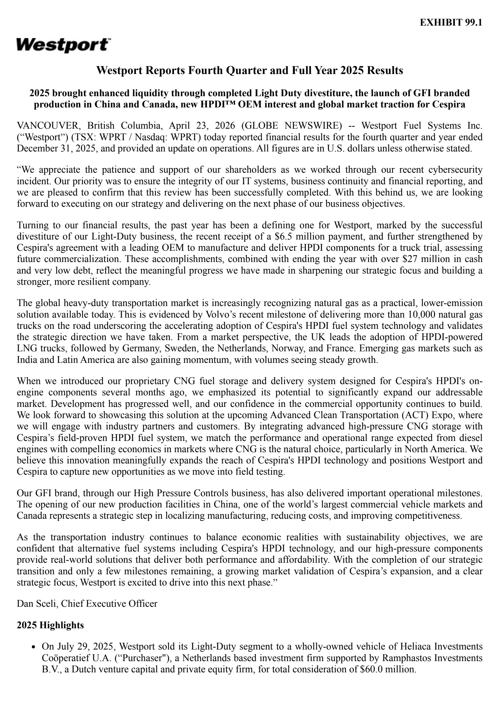 Westport Fuel Systems' Q4 2025 Press Release