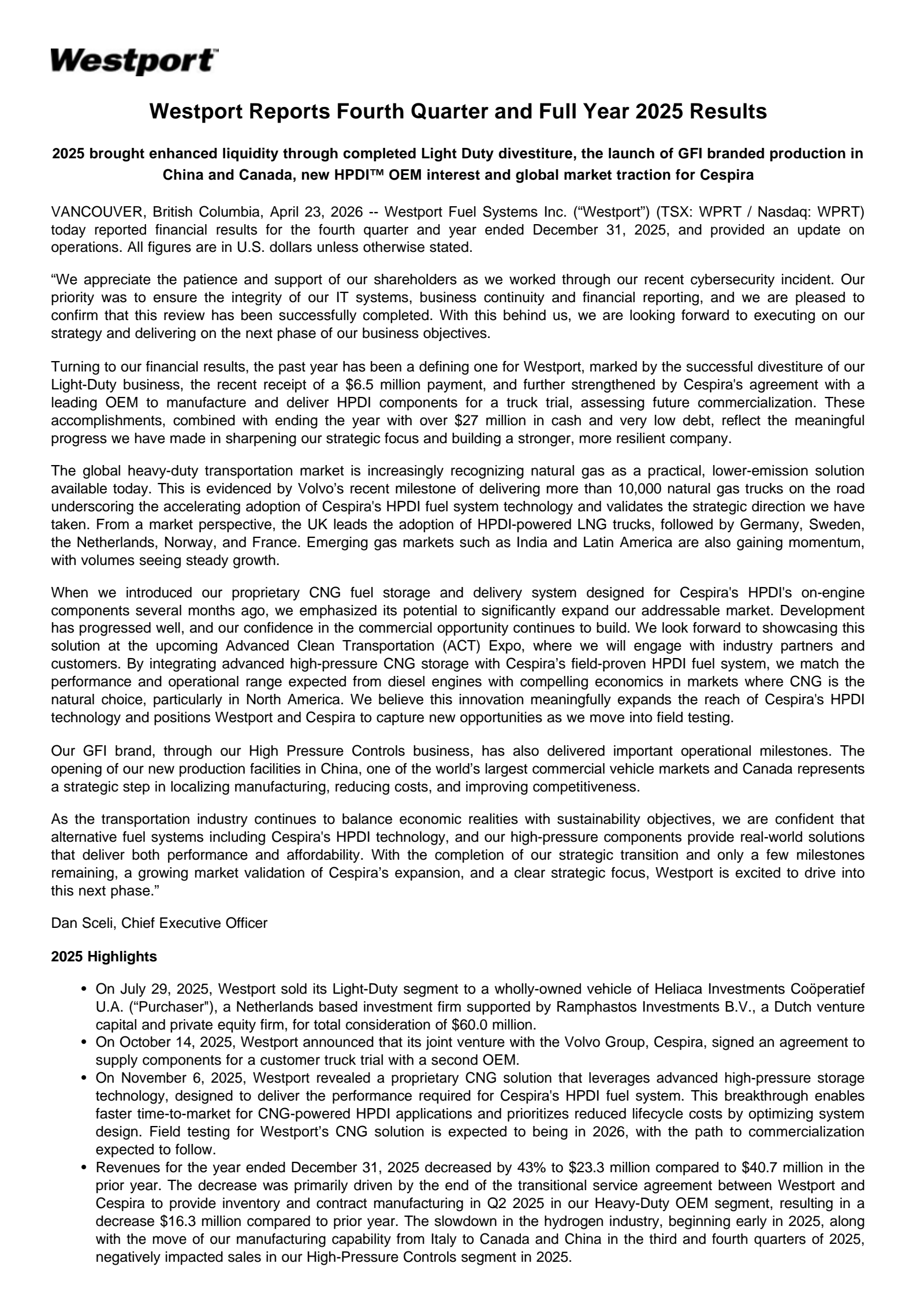 Westport Fuel Systems' Q4 2025 Press Release