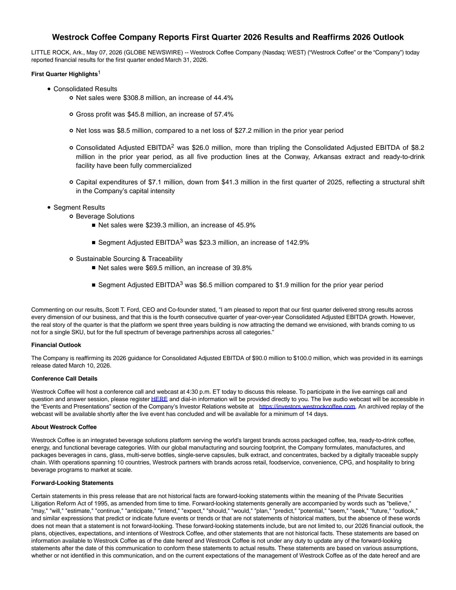 Westrock Coffee's Q1 2026 Press Release