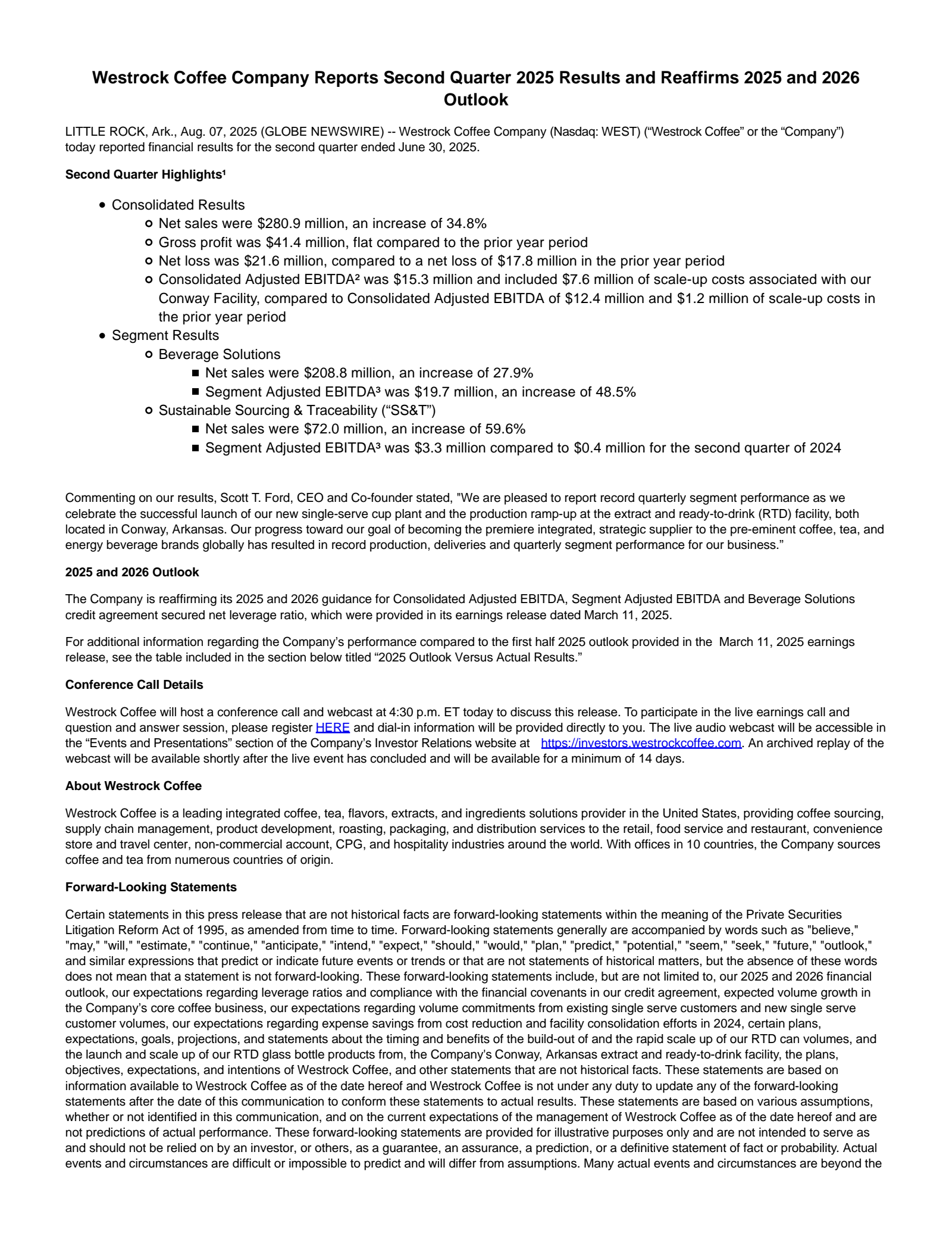 Westrock Coffee's Q2 2025 Press Release