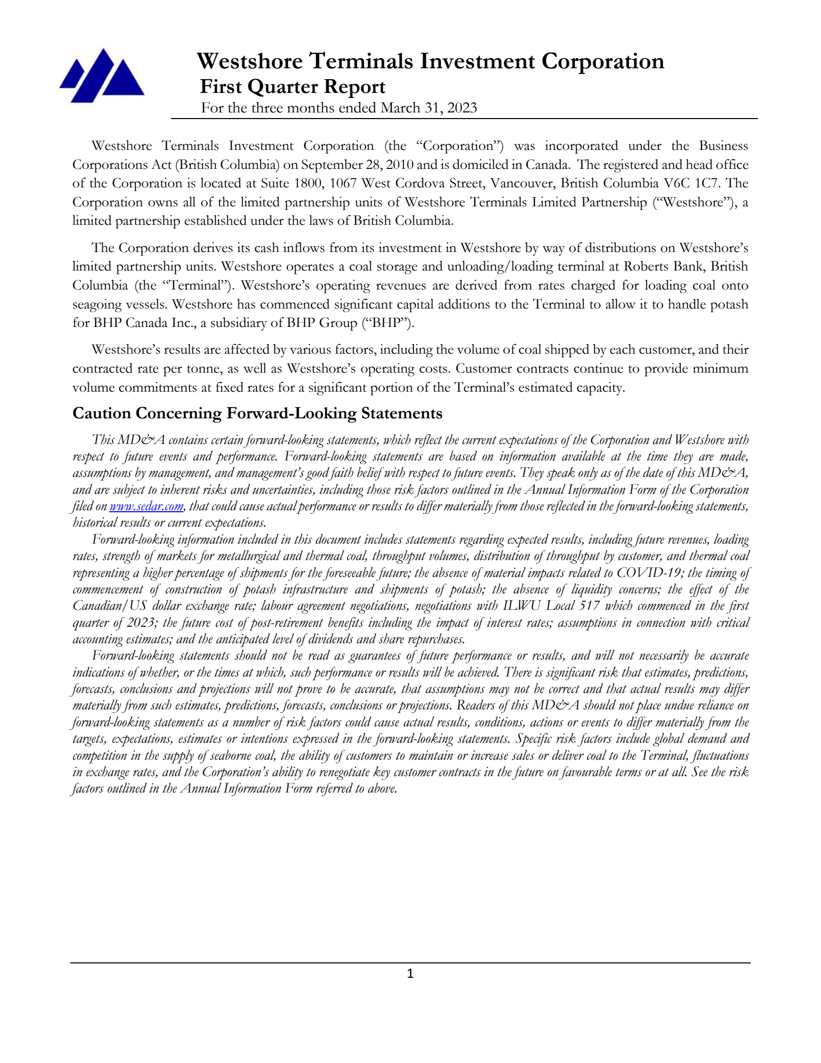 Westshore Terminals Investment's Q1 2023 Interim report
