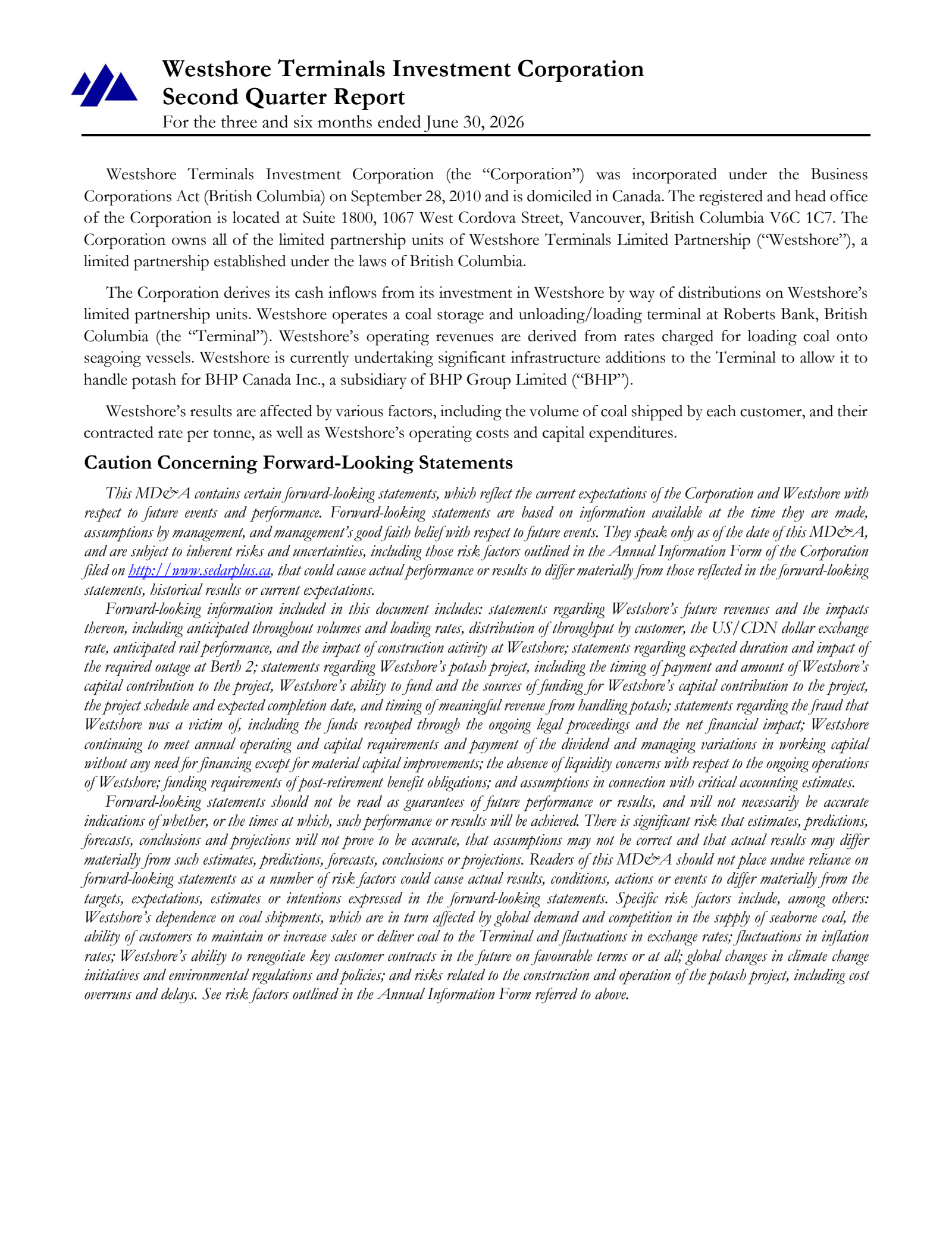 Westshore Terminals Investment's Q2 2026 Interim report