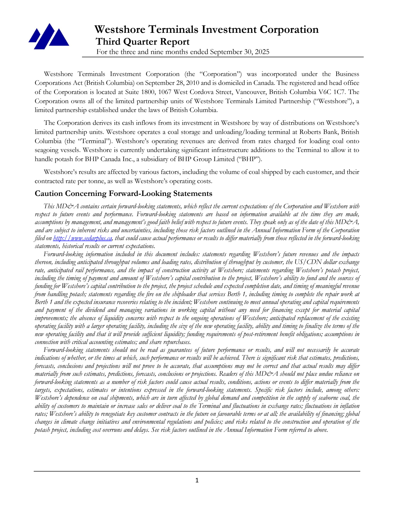 Westshore Terminals Investment's Q3 2025 Interim Report