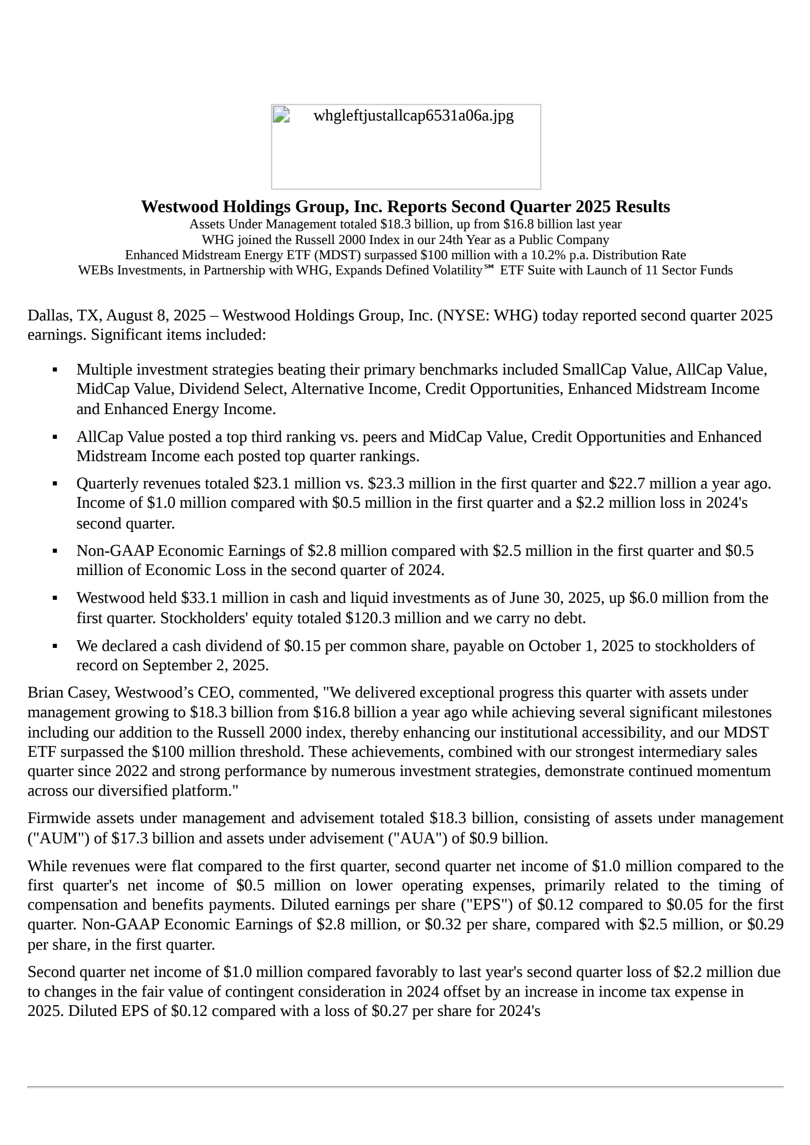 Westwood Holdings Group's Q2 2025 Press Release