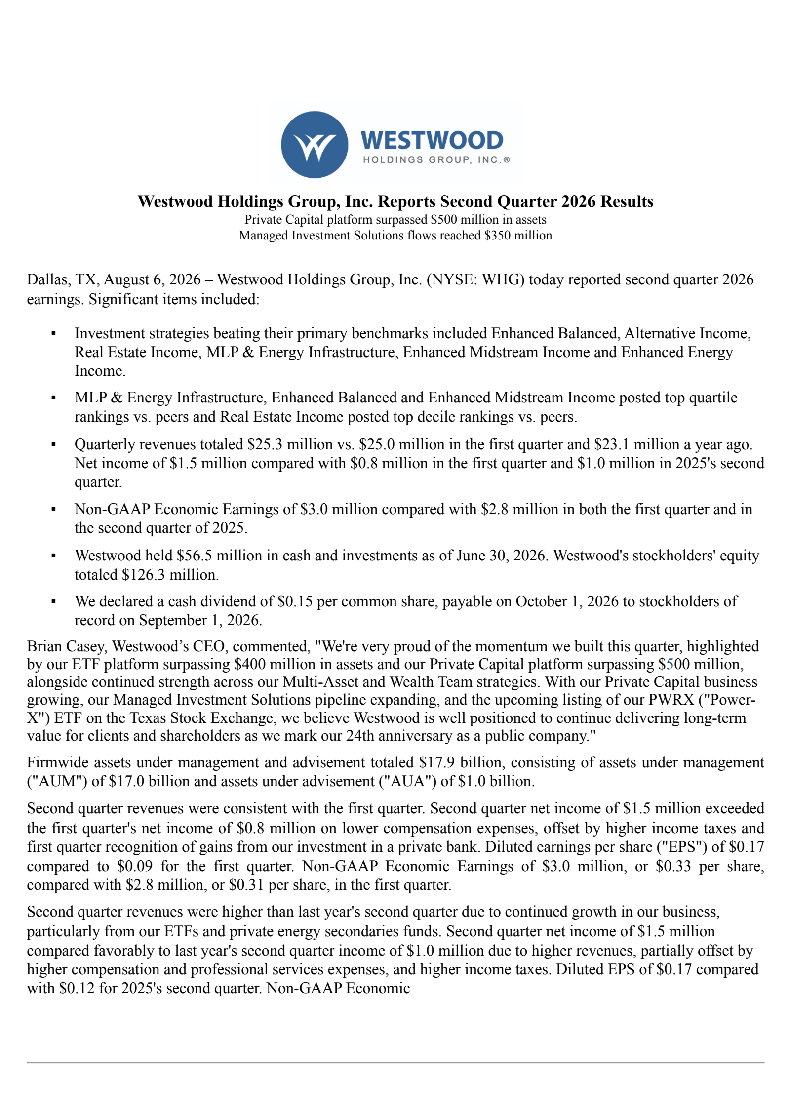 Westwood Holdings Group's Q2 2026 Press Release