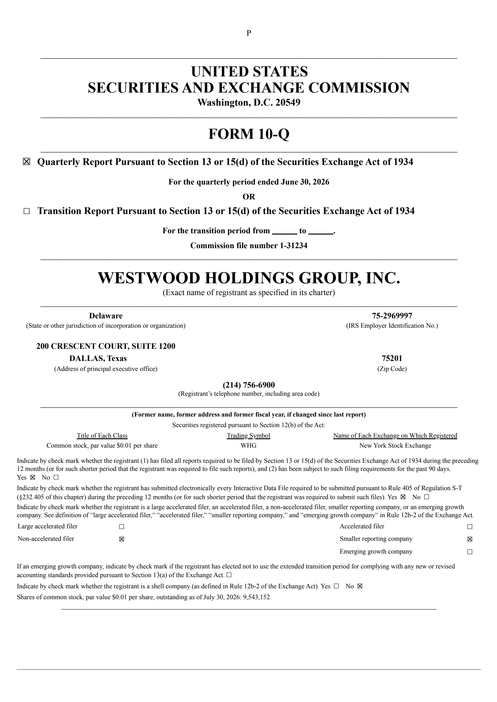 Westwood Holdings Group's Q2 2026 Quarterly report