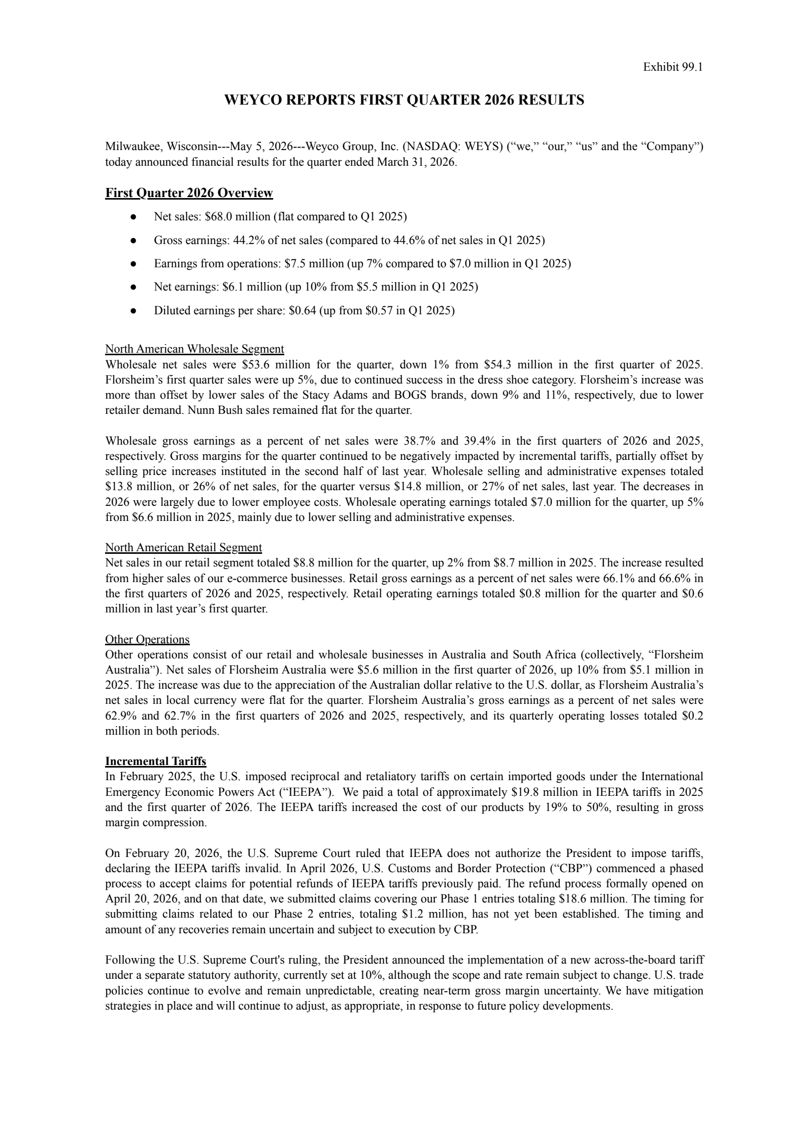 Weyco Group's Q1 2026 Press Release